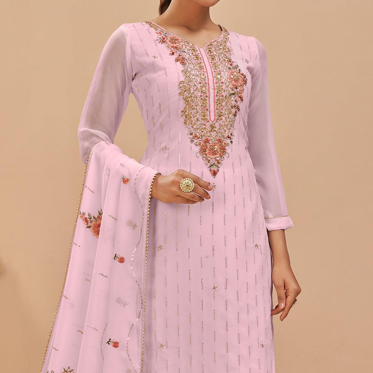 Peachmode Light Pink Party Wear Embroidered Georgette Suit - view 2