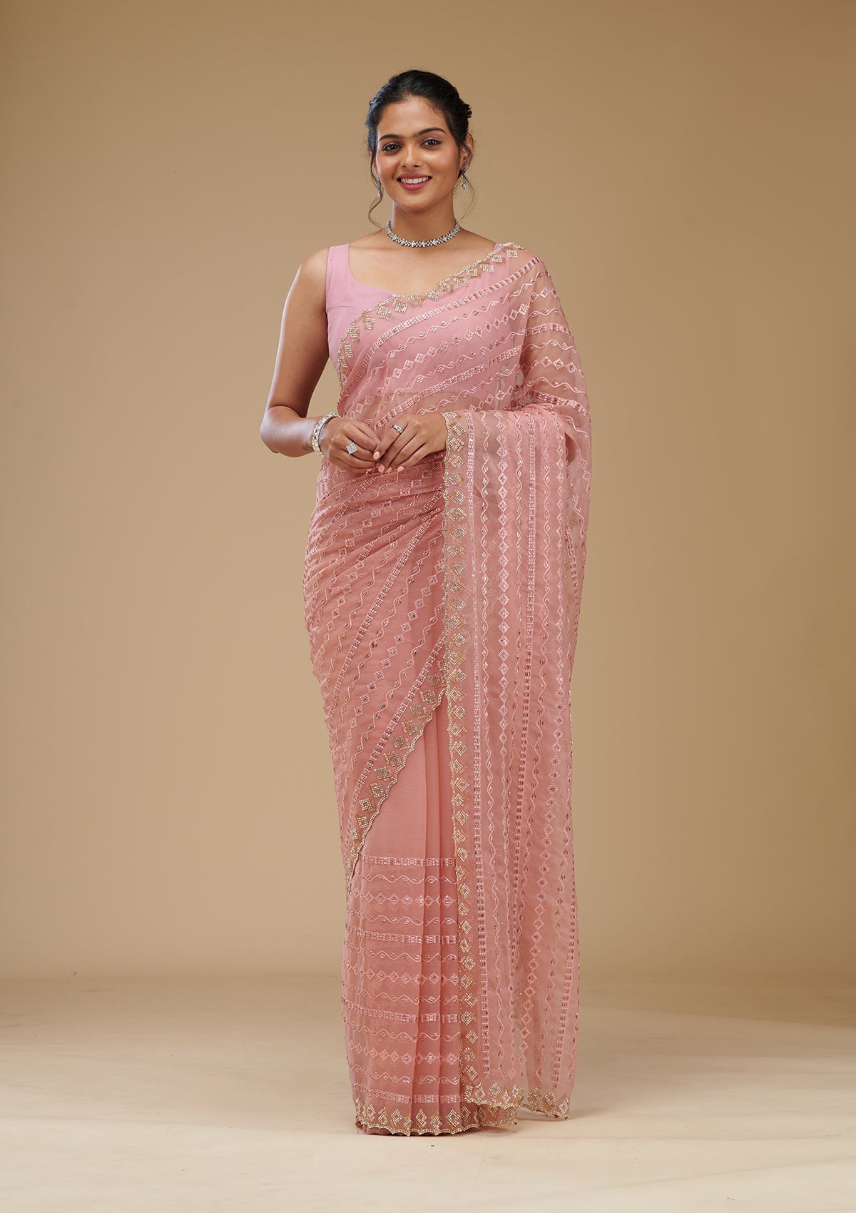 Koskii Peach Cutdana Chiffon Saree – Women's - view 3
