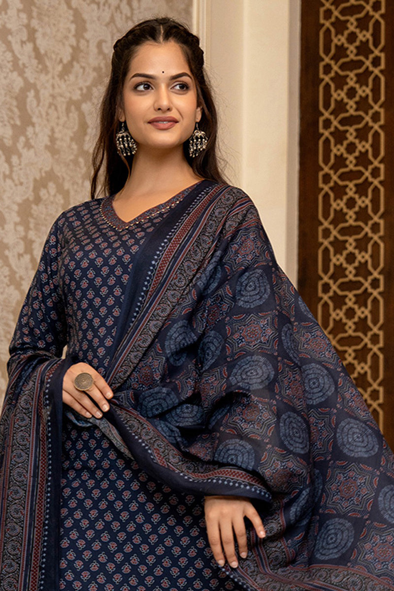 Ahika Navy Blue Rayon Blend Ajrakh Printed Straight Trouser Suit Set PKSKD2647