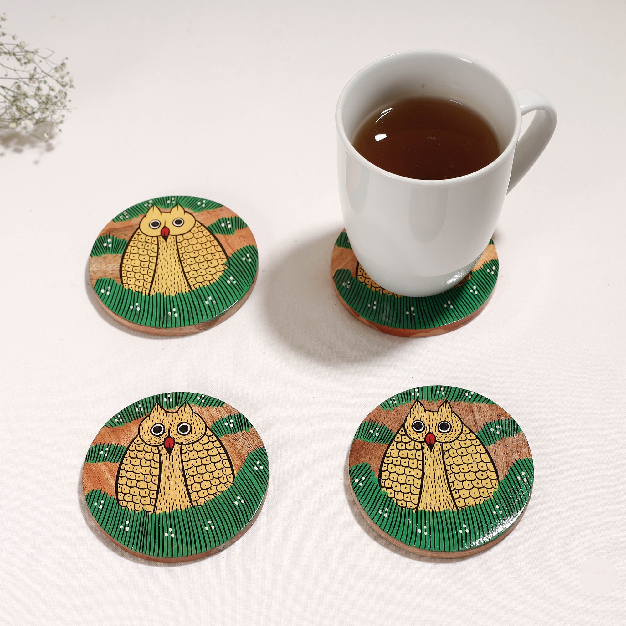 ITOKRI CRAFTS INITIATIVE Bengal Patua Handpainted Akashmoni Wooden Coasters (Set of 4)