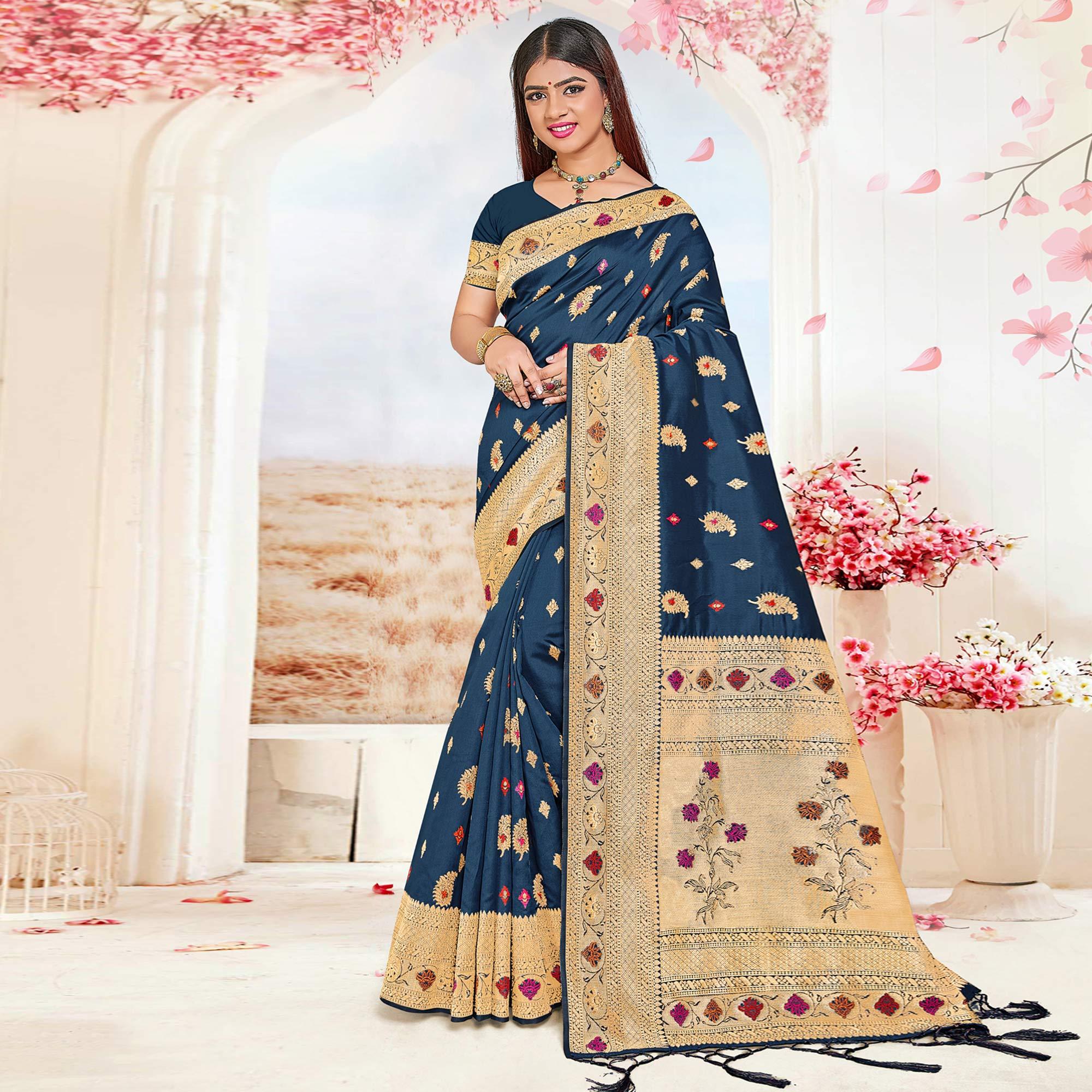 Peachmode Dark Blue Festive Wear Woven Jari Border Soft Silk Saree