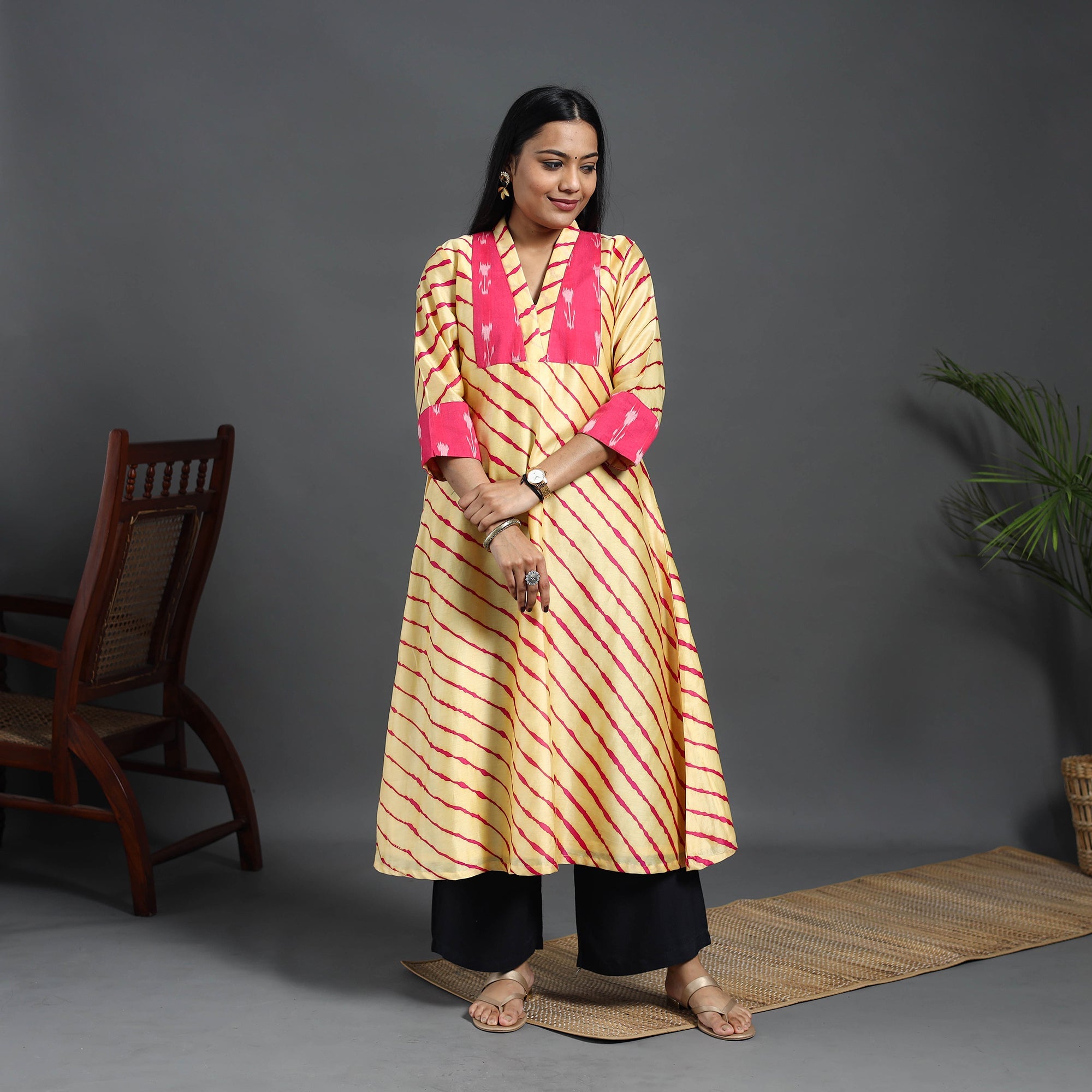 ITOKRI CASUALS Beige - Chanderi Silk A-Line Patchwork Tie-Dye Leheriya Kurta 05