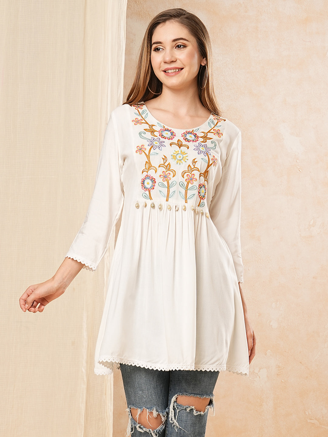 Fashor Solid Neon Floral Thread & Bead Embroidered A-Line Pleated Kurti - White - view 3