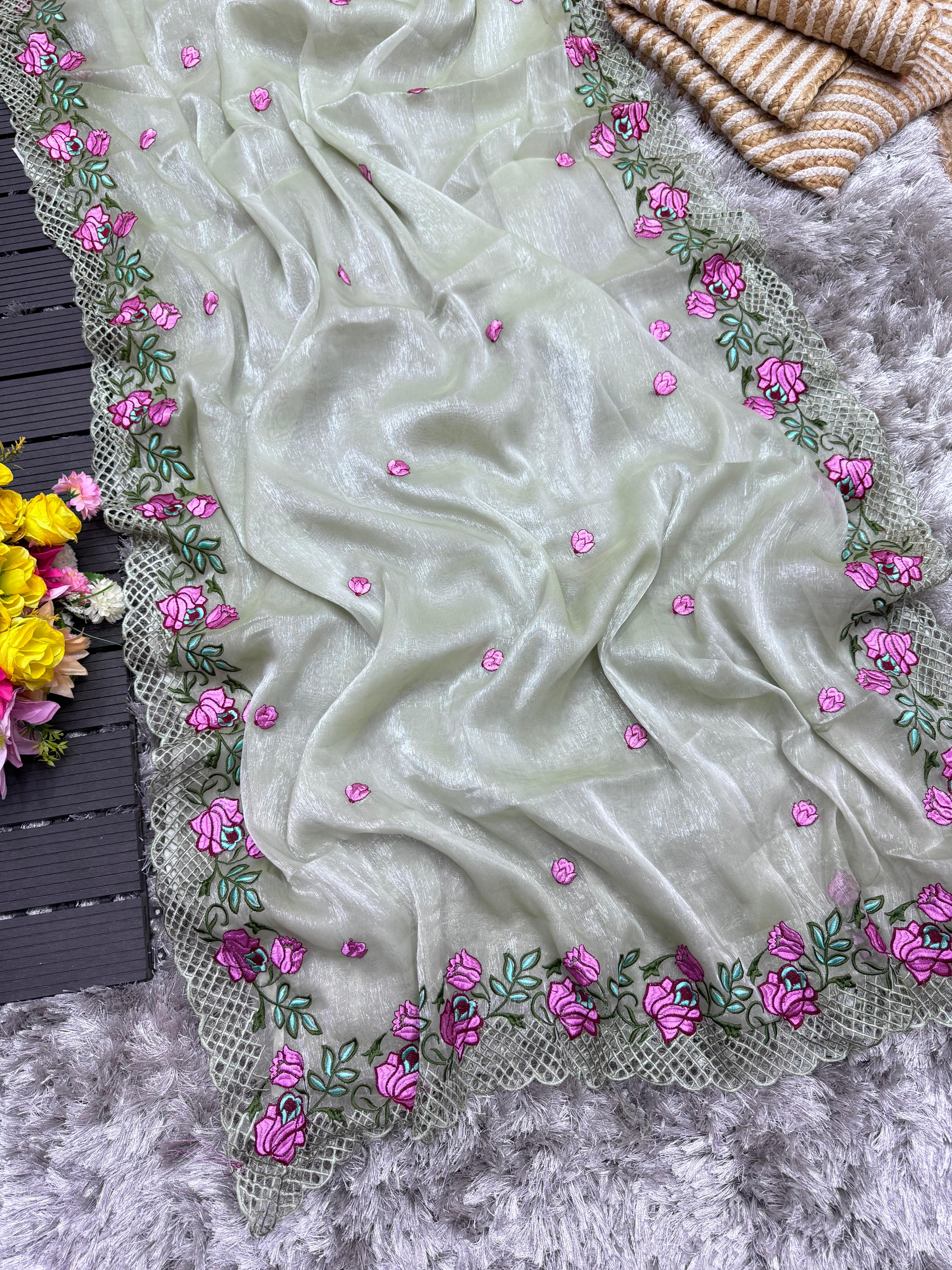 ClothsVilla Grey Crush Silk Saree with Intricate Floral Embroidery & Matching Blouse - view 2