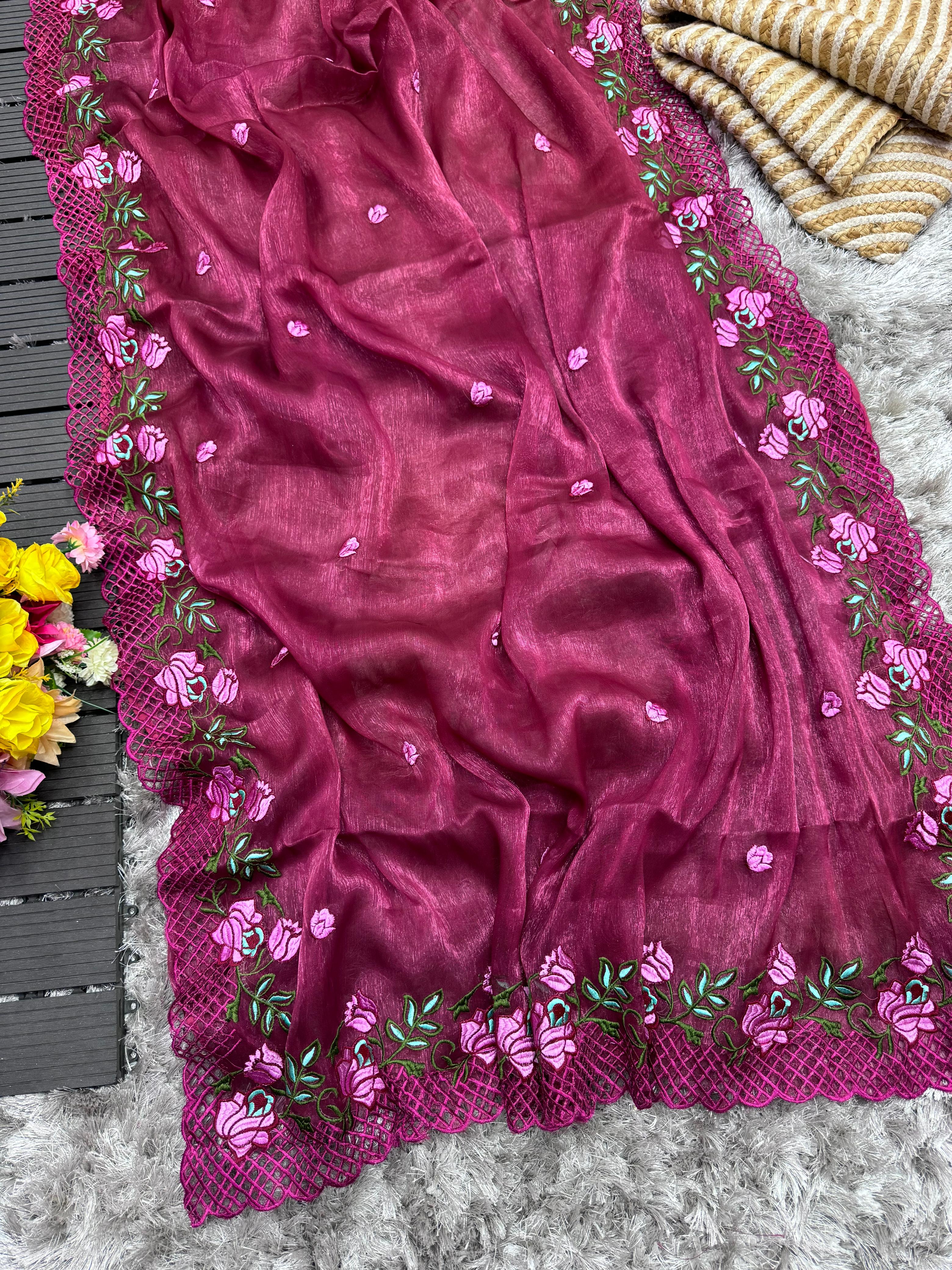 ClothsVilla Wine Crush Silk Saree with Intricate Floral Embroidery & Matching Blouse - view 2