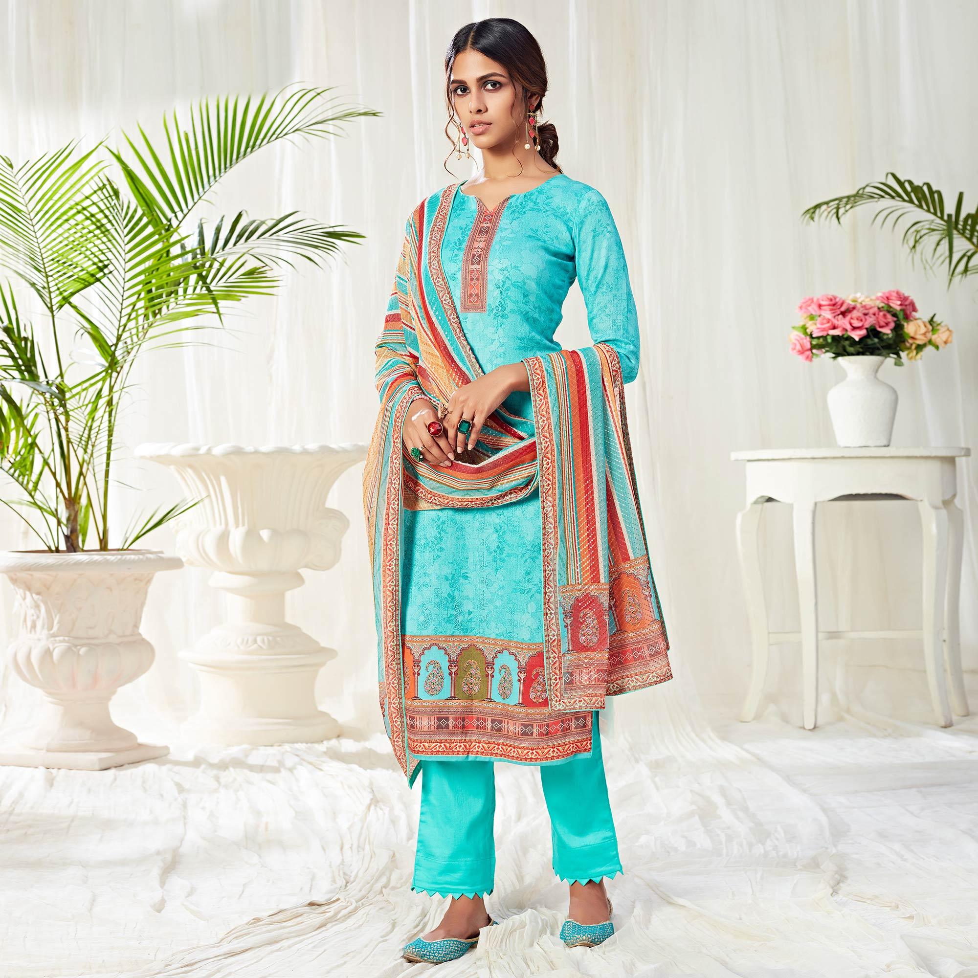 Peachmode Flamboyant Auqa Blue Colored Partywear Digital Printed Cotton Suit