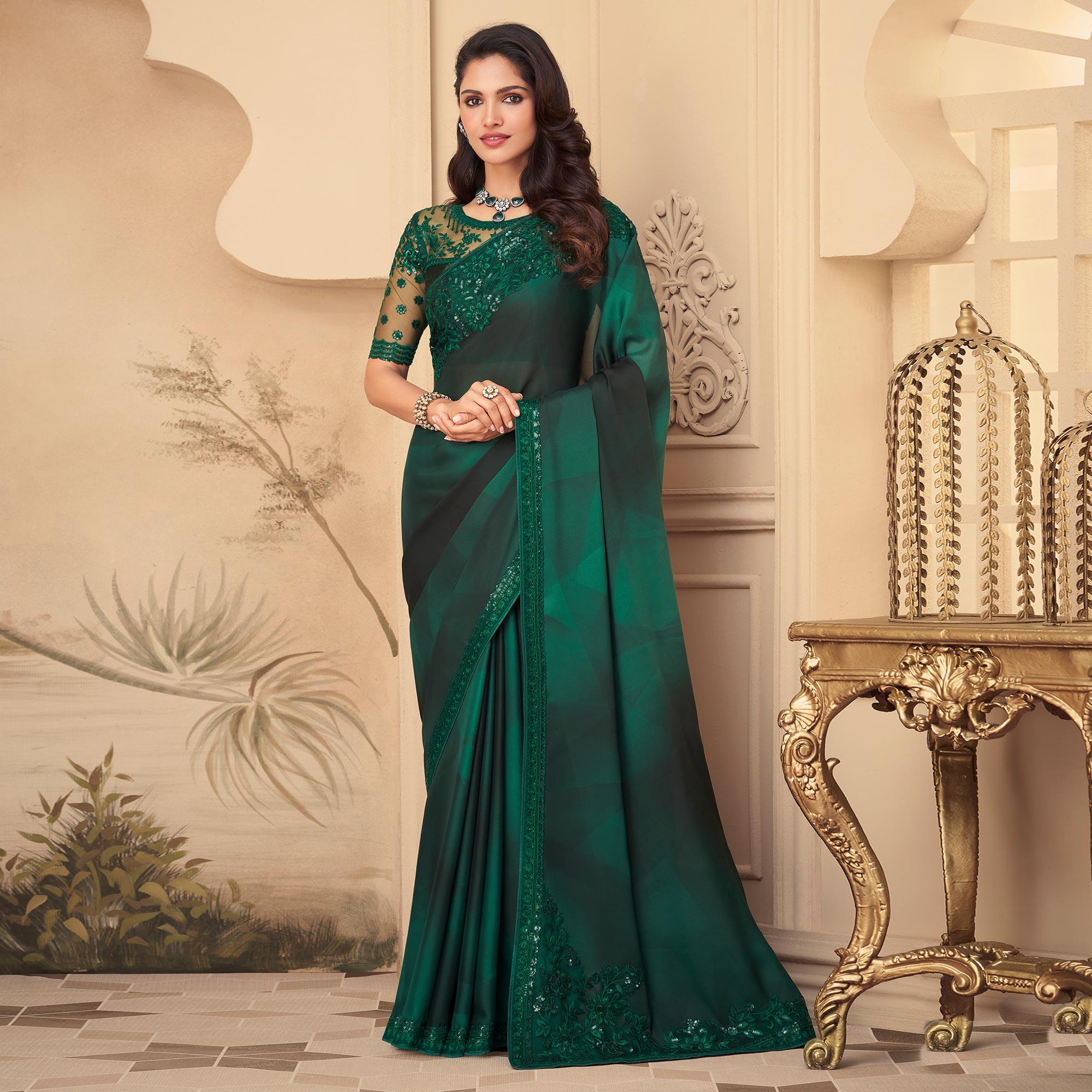 Peachmode Bottle green Floral Sequins Embroidered Art Silk Saree - view 2