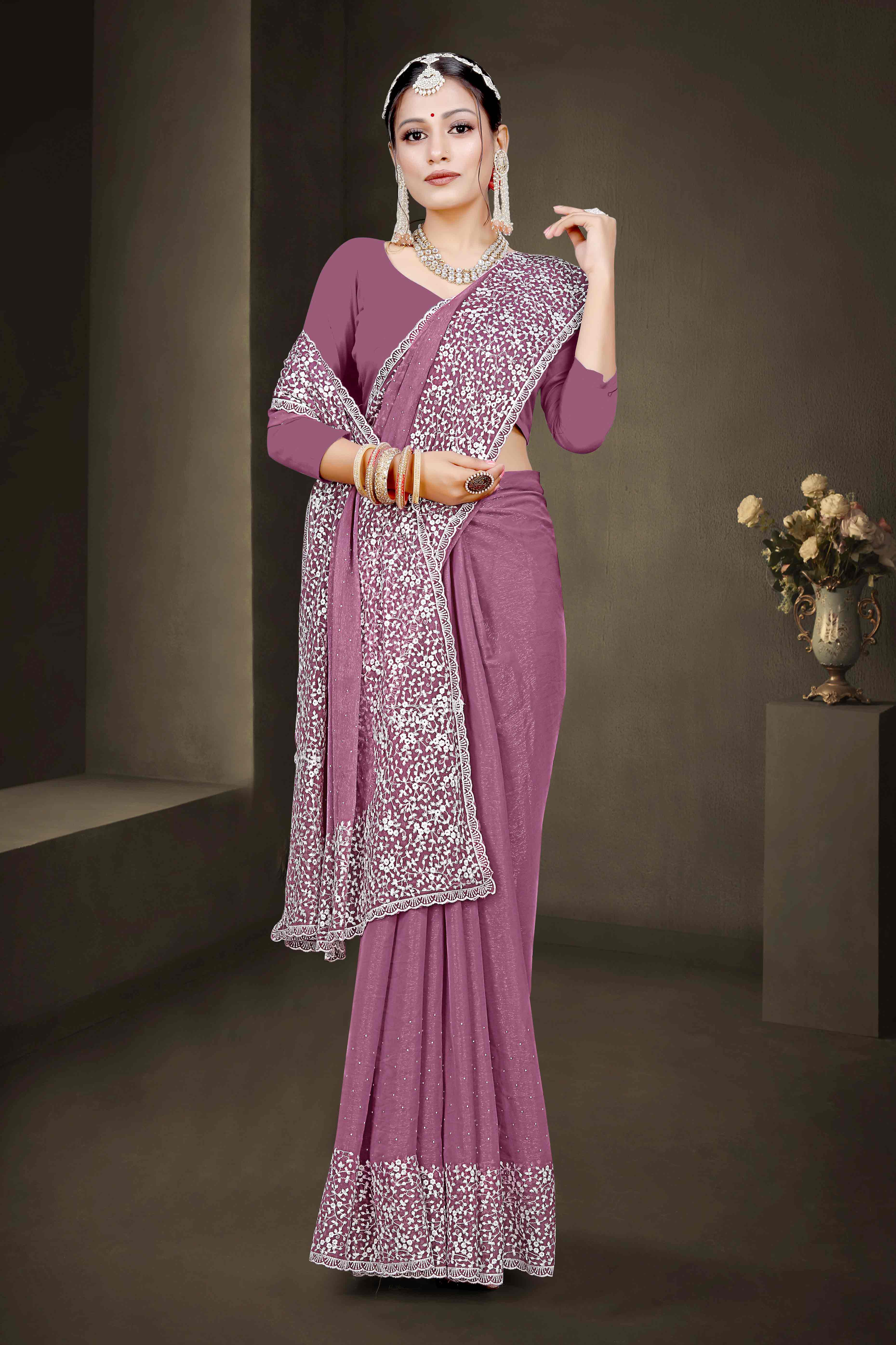 Peachmode Mauve Floral Embroidery With Stonework Chiffon Shimmer Saree