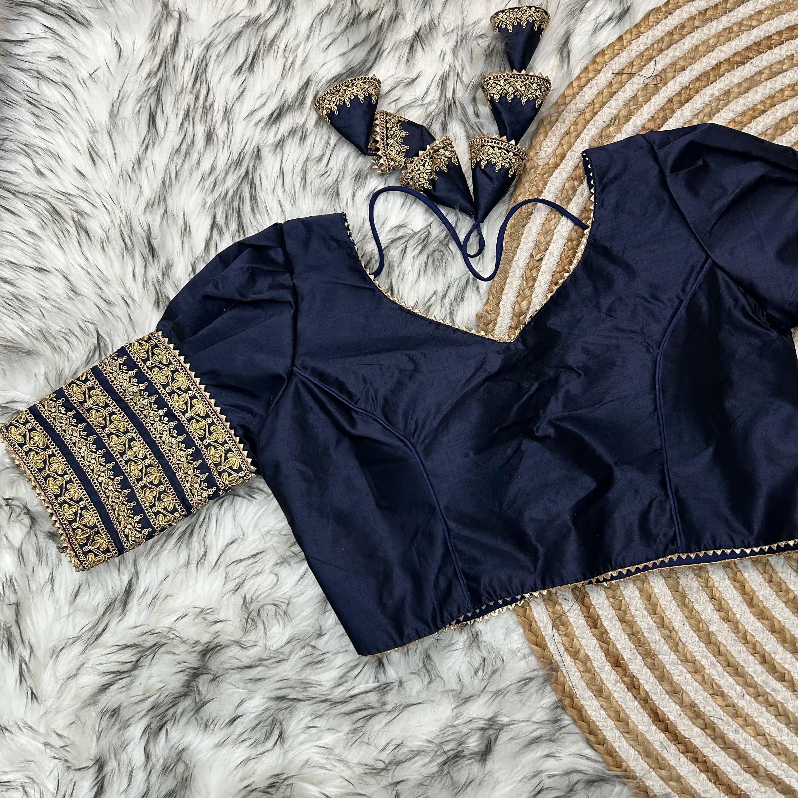 ClothsVilla Navy Blue Kilmora Silk Blouse with Handcrafted Embroidery and Sequence Accents