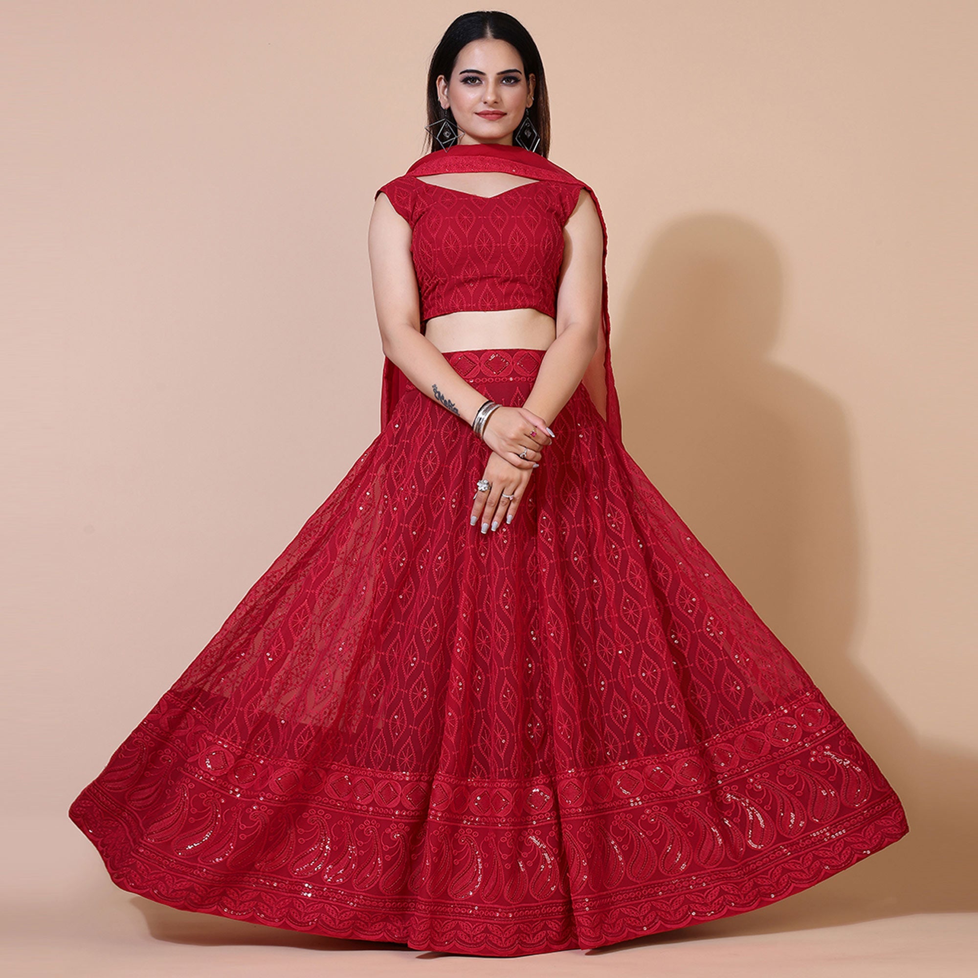 Peachmode Seller Dark Red Lucknowi Chikankari Work Georgette Lehenga Choli