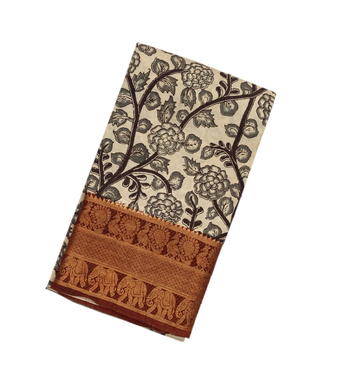 RmKV Off White Handloom Kalamkari Cotton Saree With Printed Annam Vine Motifs