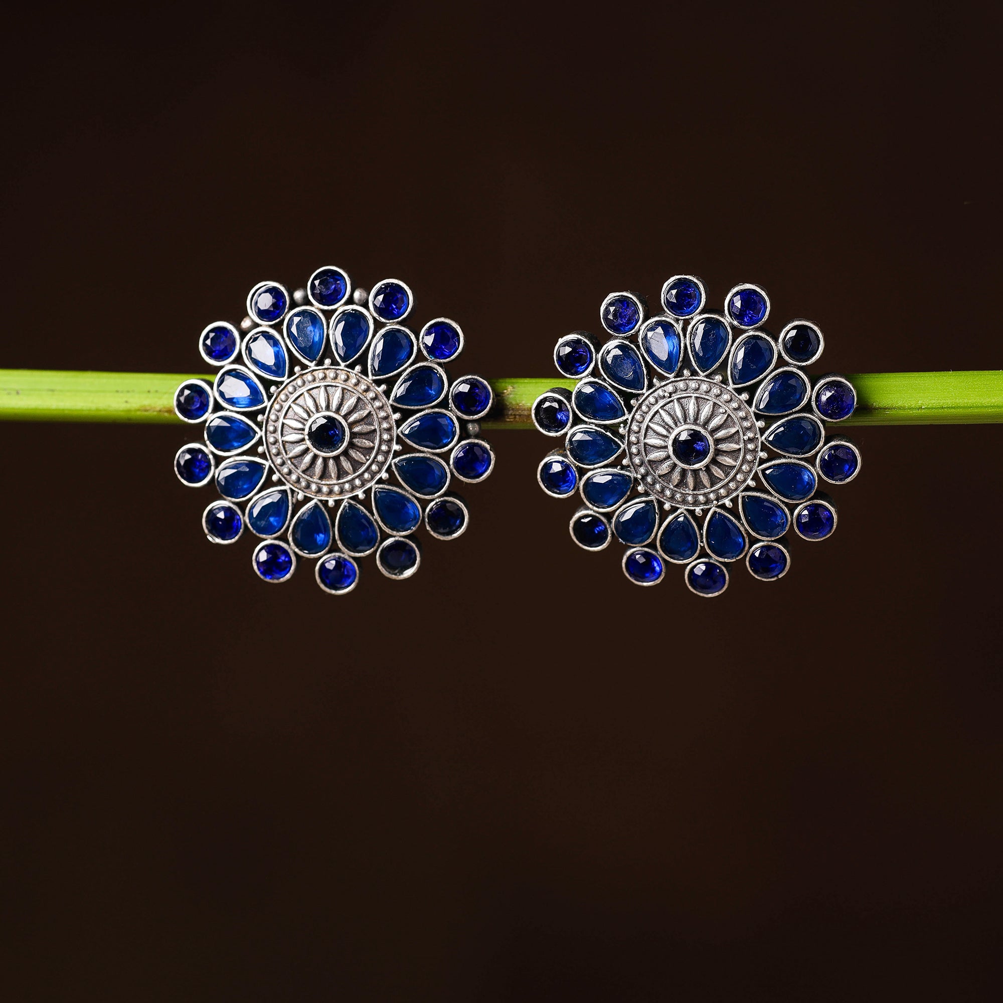 WHITE RIVER STORIES Antique Silver Finish Oxidised Brass Base Stone Work Stud Earrings