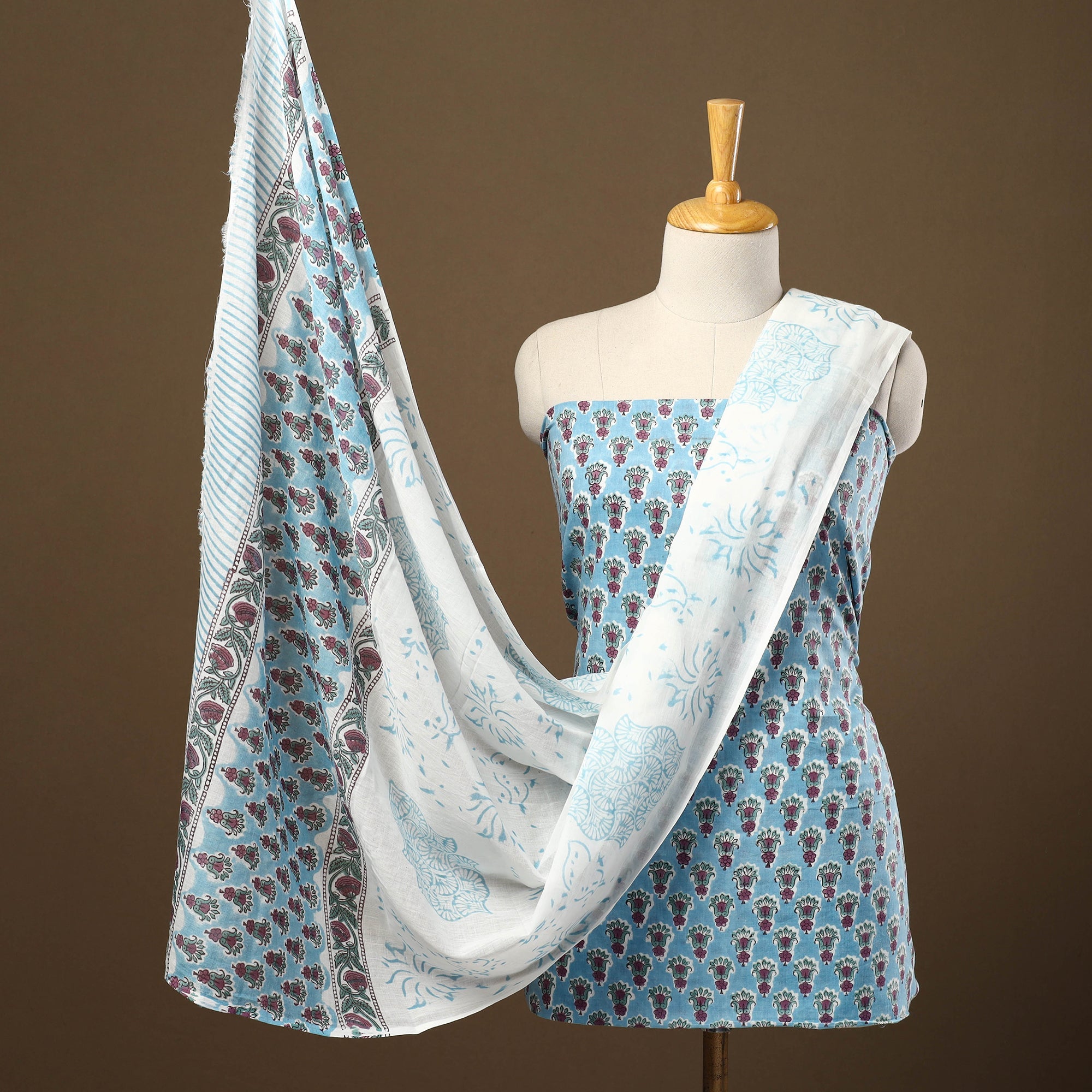 ARTISAN HAND BLOCK PRINTS Blue - 3pc Sanganeri Block Print Cotton Dress Material 25