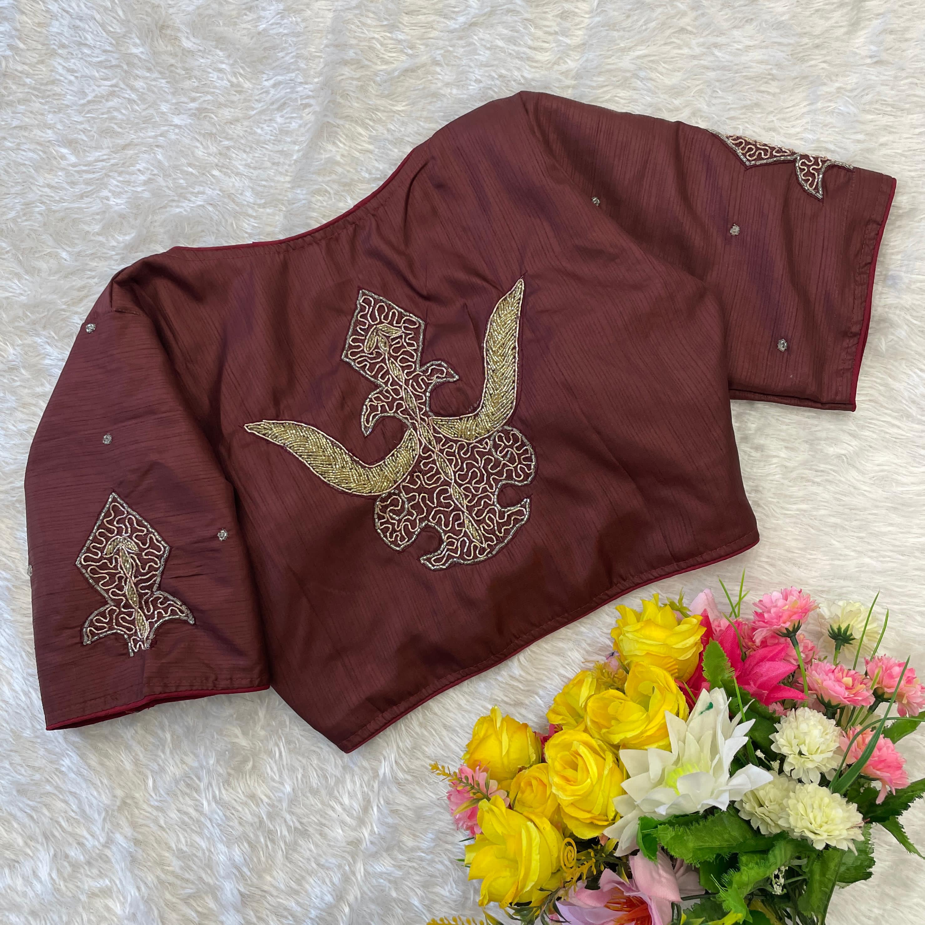 ClothsVilla Brown Handcrafted Muskan Silk Blouse with Designer Collar and Handwork
