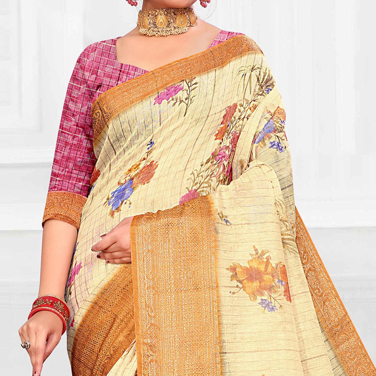 Peachmode Impressive Cream Colored Festive Wear Digital Printed Linen Saree - view 2