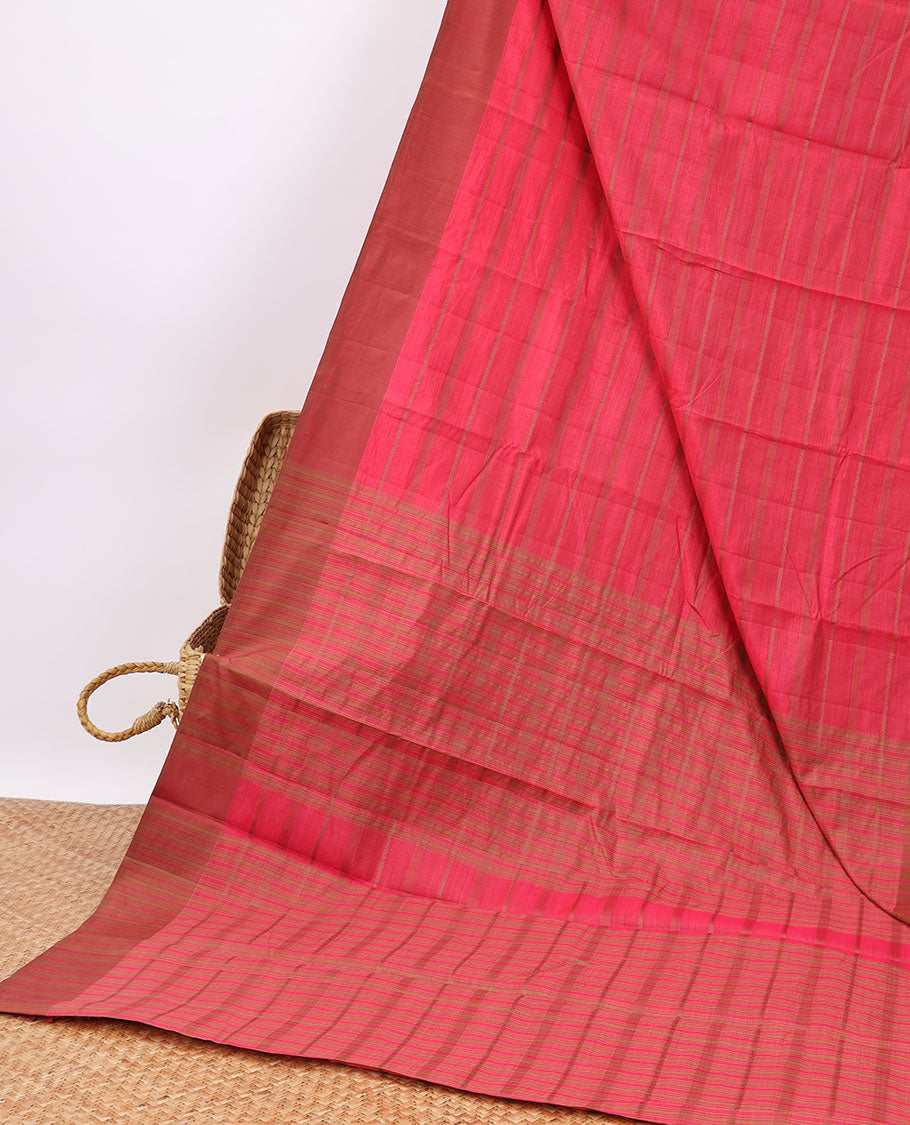Pothys Red striped semi-banaras tussar saree with contrast border & checked pallu