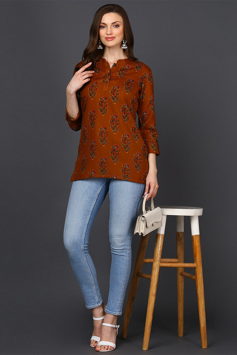 Ahika Occur Yellow Cotton Blend Ethnic Motifs Printed Straight Tunic VT1236