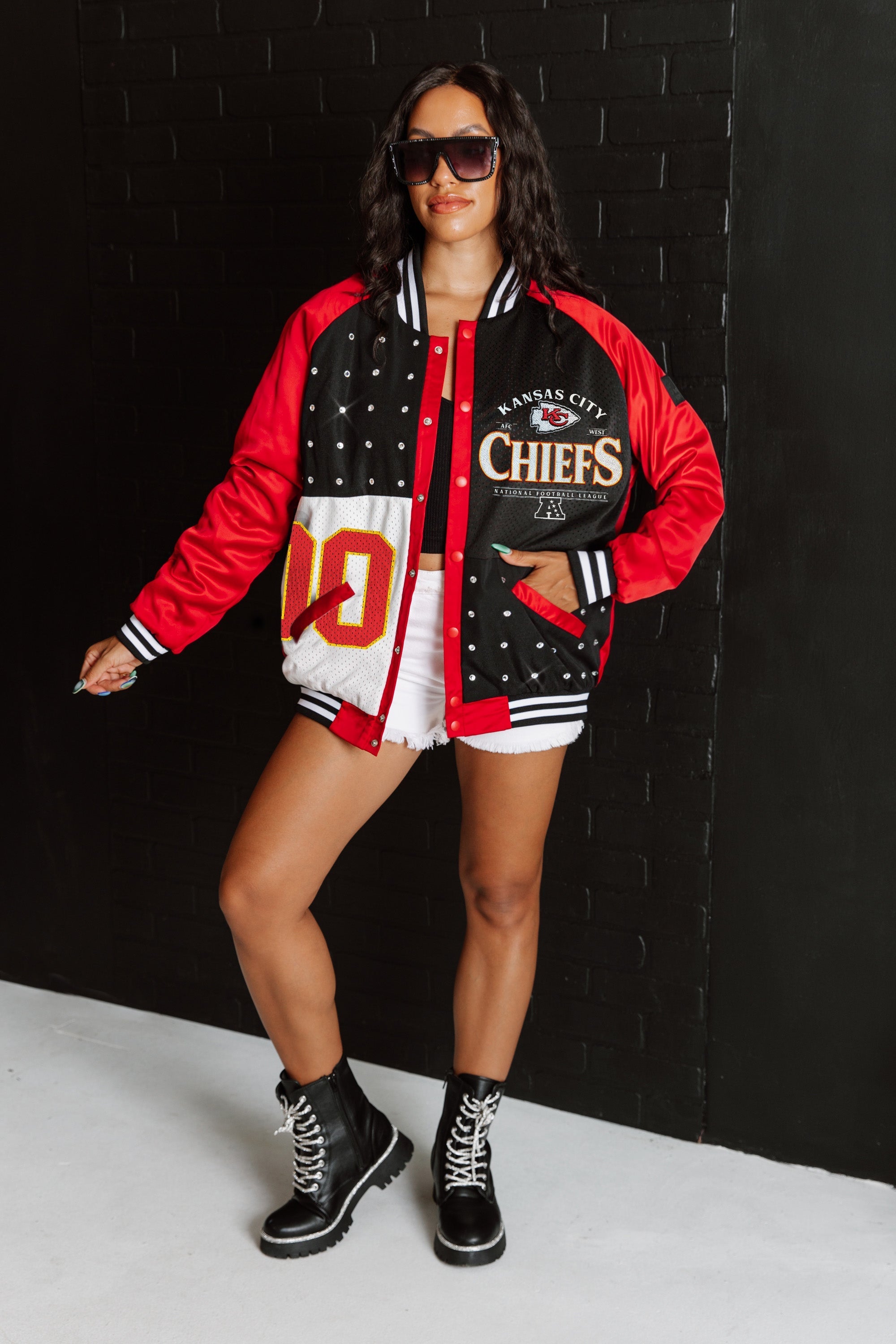 GC X NFL Kansas City Chiefs Hot Shot Mixed Media Throwback Varsity Bomber Jacket With Rhinestone Inserts