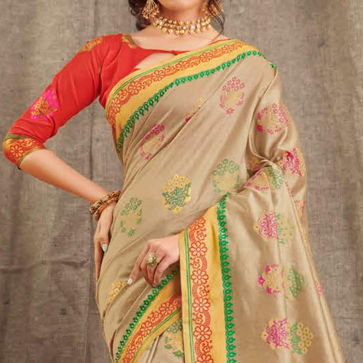 Peachmode Innovative Beige Colored Festive Wear Woven Cotton Handloom Saree - view 2