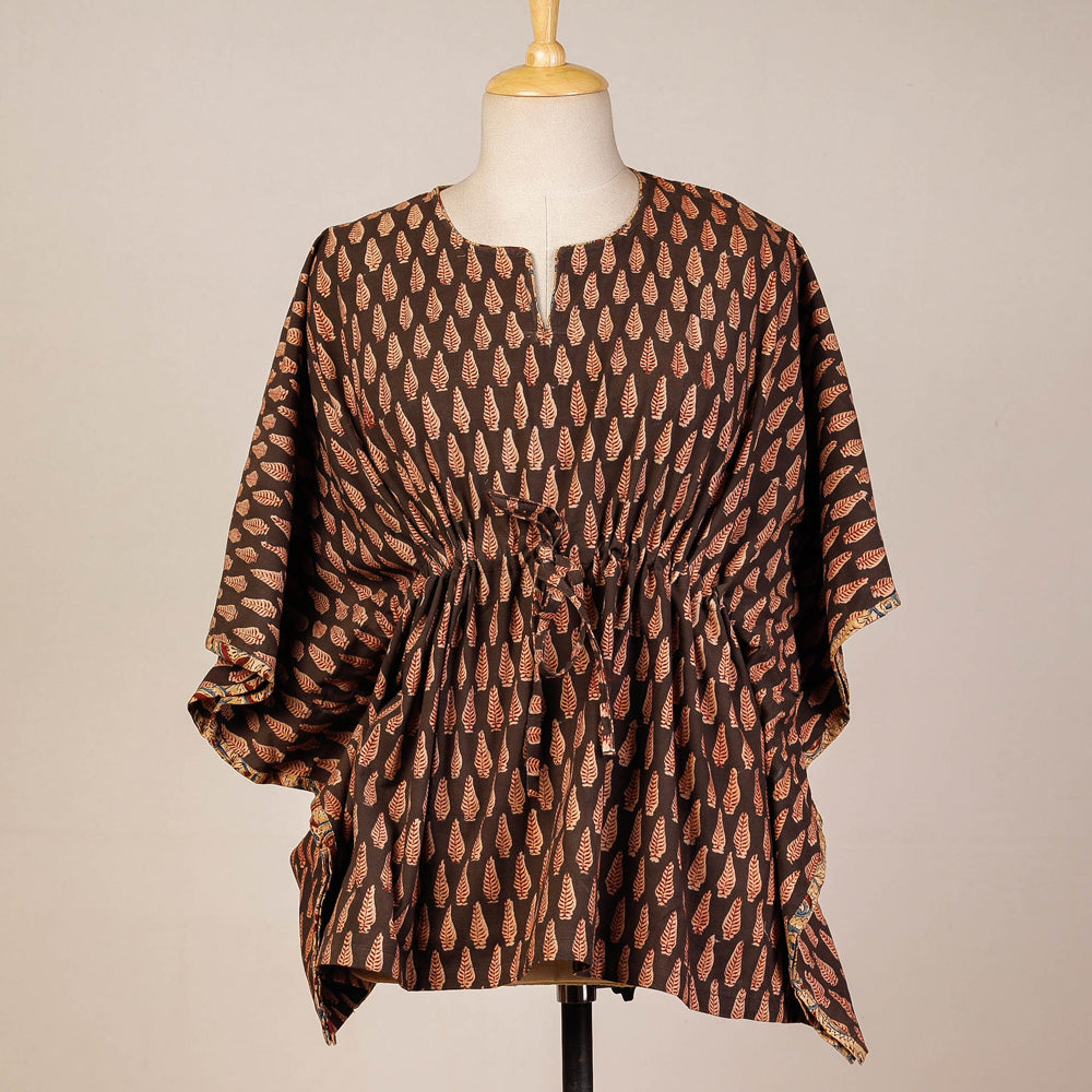 CHUTNEY CRAFT STUDIO Brown - Block Print Cotton Kalamkari Kaftan with Tie-Up Waist (Short)