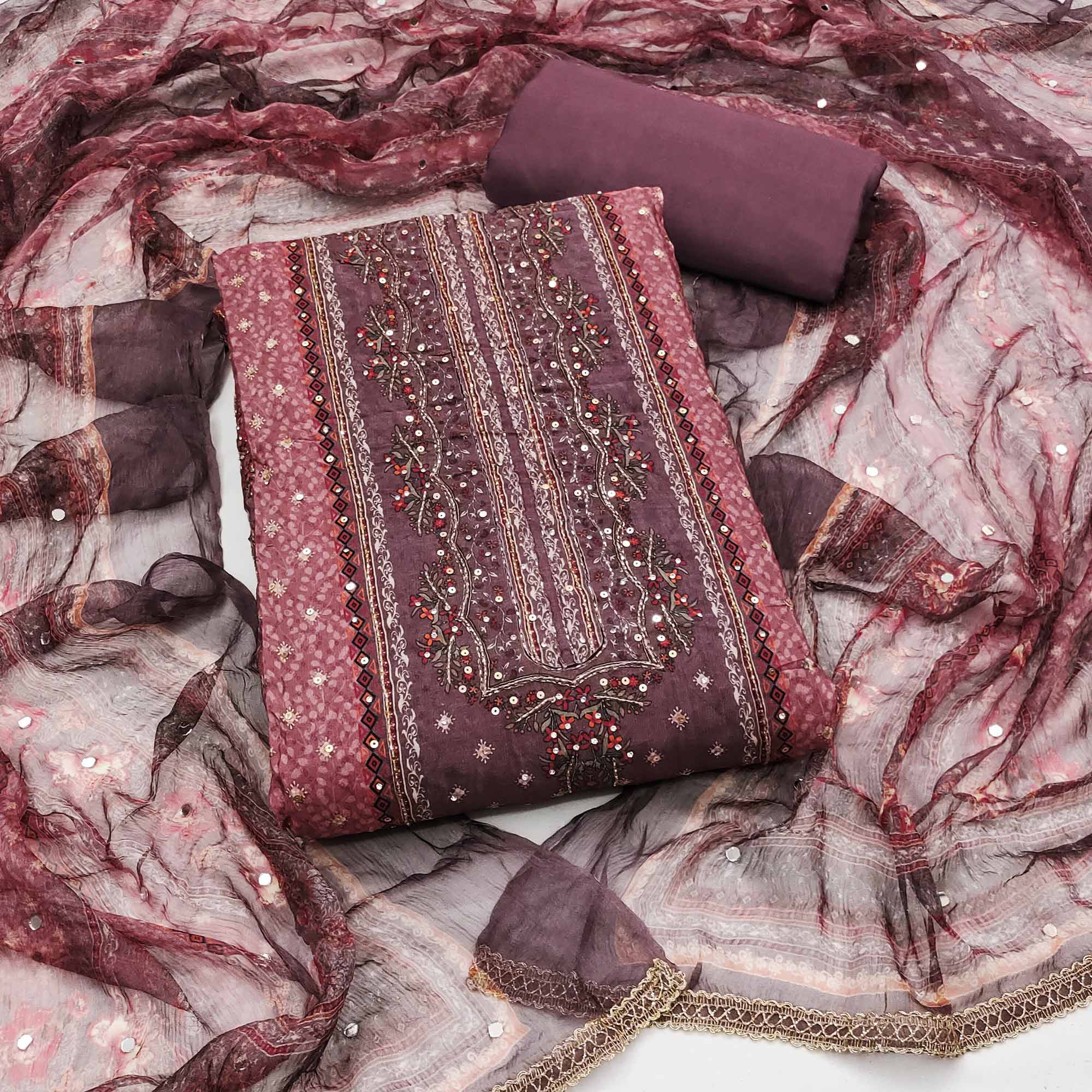 Peachmode Mauve Embroidered With Printed Work Crepe Dress Material