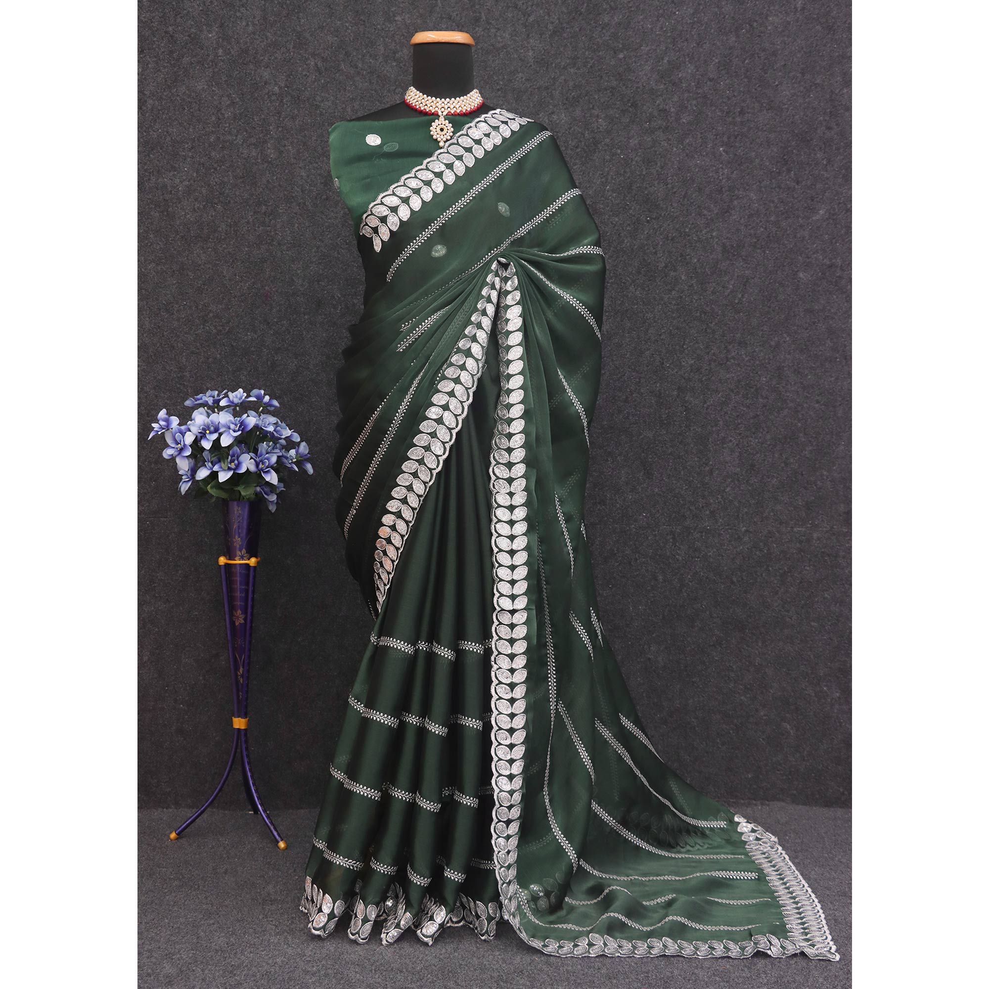 Peachmode Bottle Green Sequins Embroidered Chiffon Silk Saree - view 4
