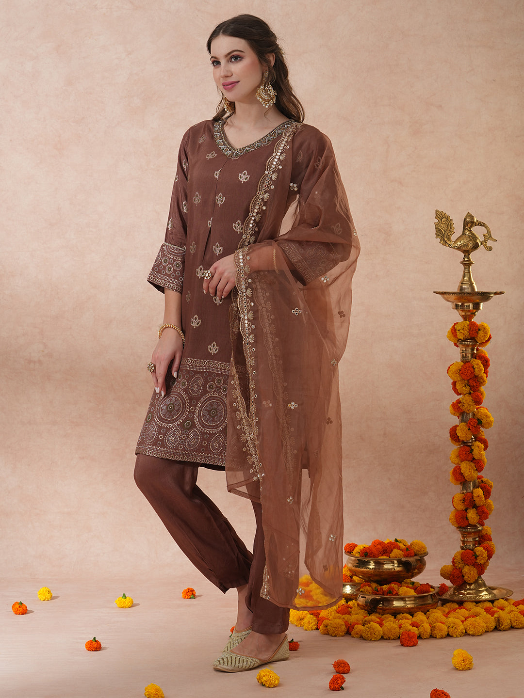 FASHOR Ethnic Hand Embroidered Jacquard Straight Kurta with Pant & Dupatta - Brown - view 5