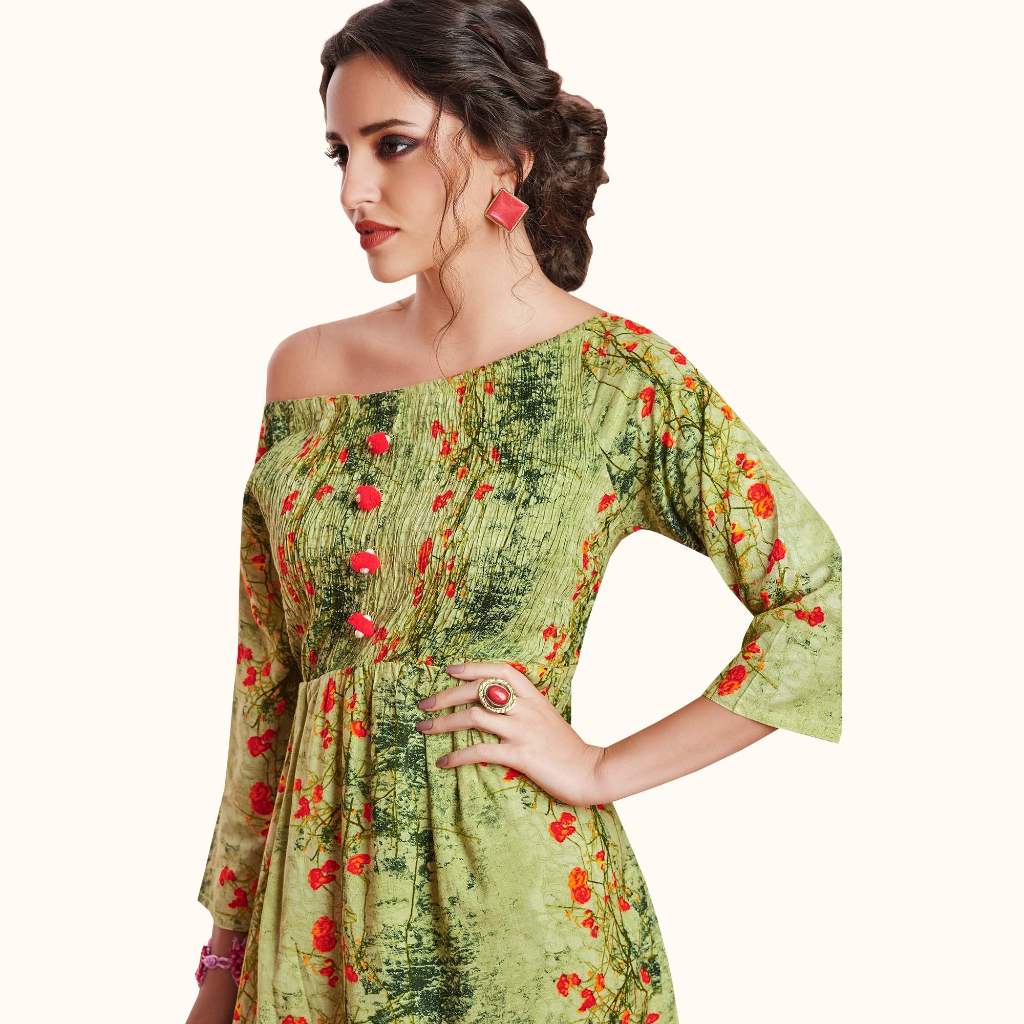 Peachmode Seller Engrossing Green Colored Partywear Printed Rayon Kurti - view 2