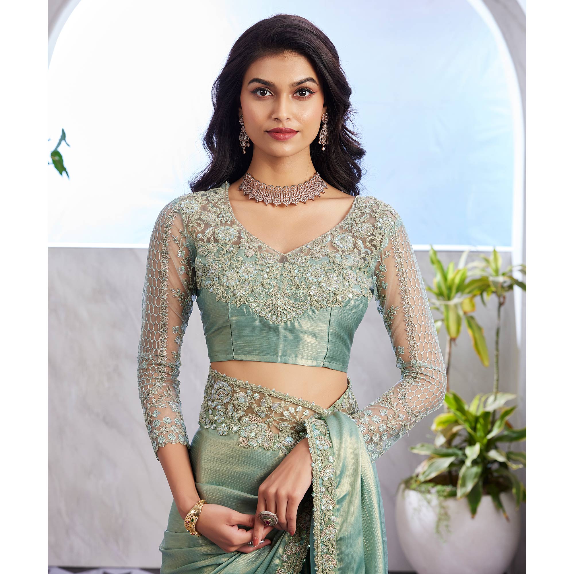 Peachmode Dusty Green Floral Sequins Embroidered Chiffon Saree - view 5