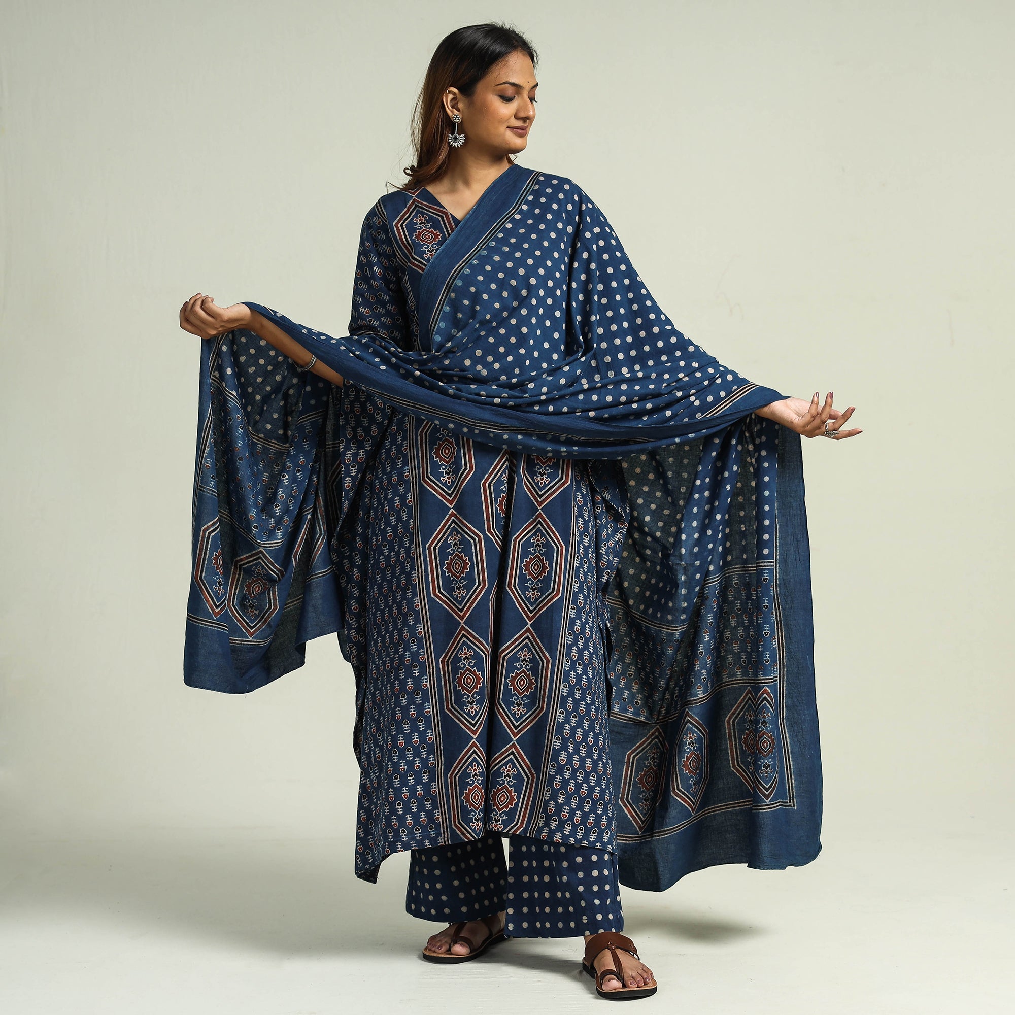 ITOKRI CASUALS Blue - Ajrakh Block Printed Cotton Kaftan with Palazzo & Dupatta Set - view 2