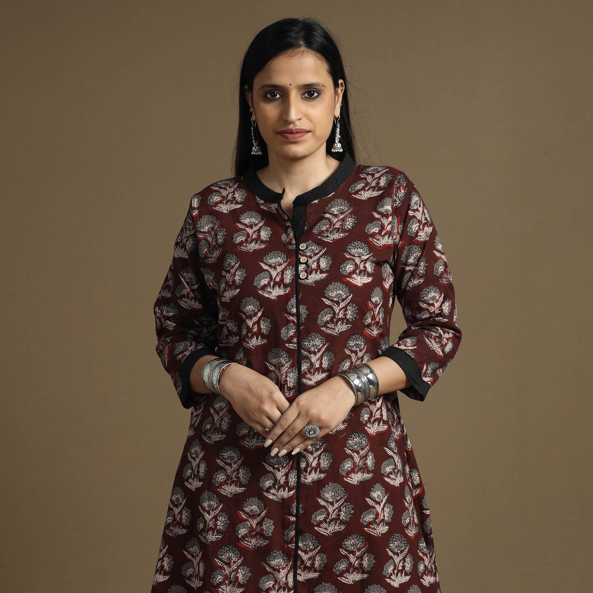 ITOKRI CASUALS Brown - Bagru Hand Block Printed Cotton A-Line Long Kurta
