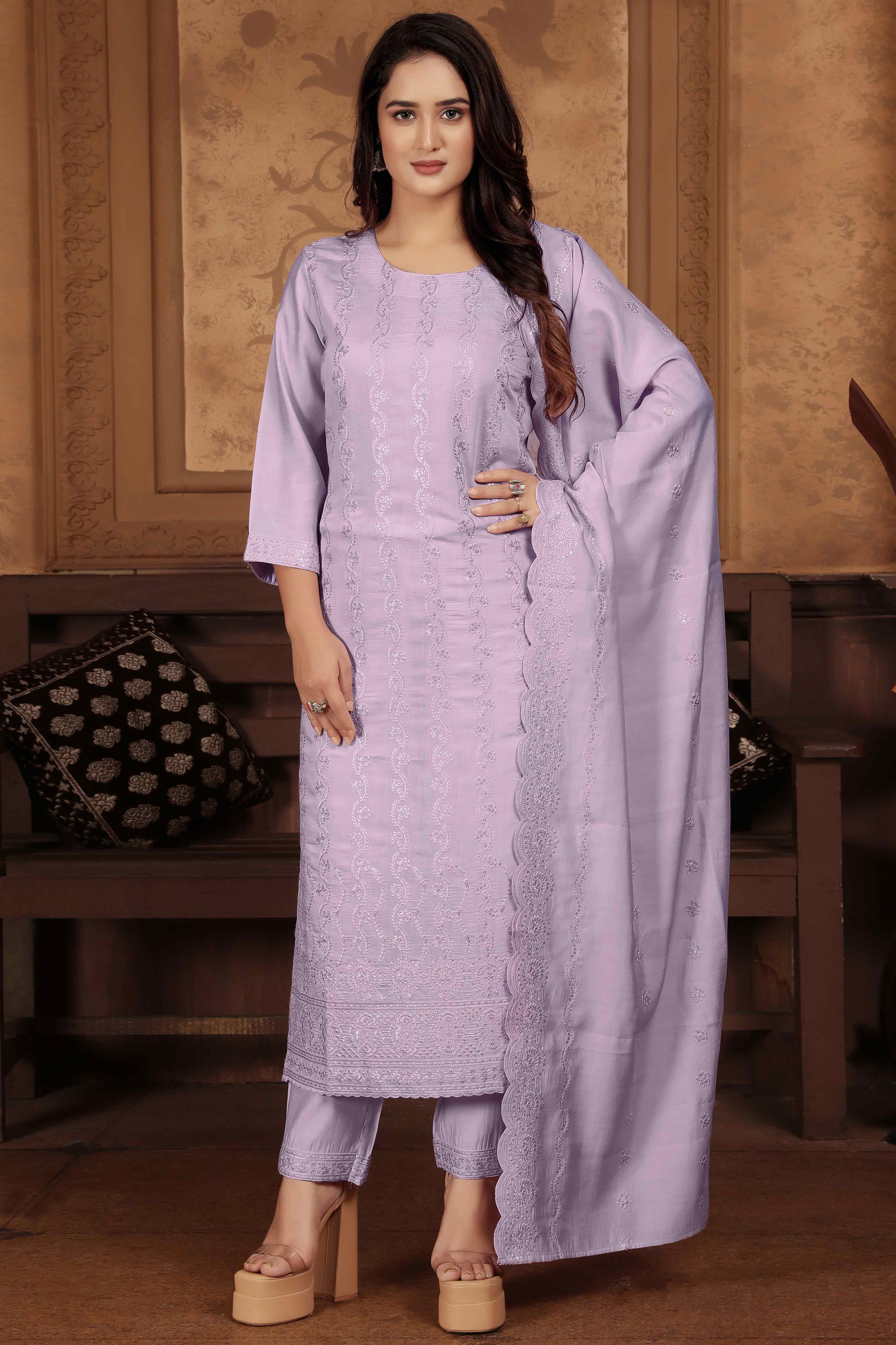 Peachmode Seller Lavender Sequins Embroidered Chanderi Straight Salwar Suit