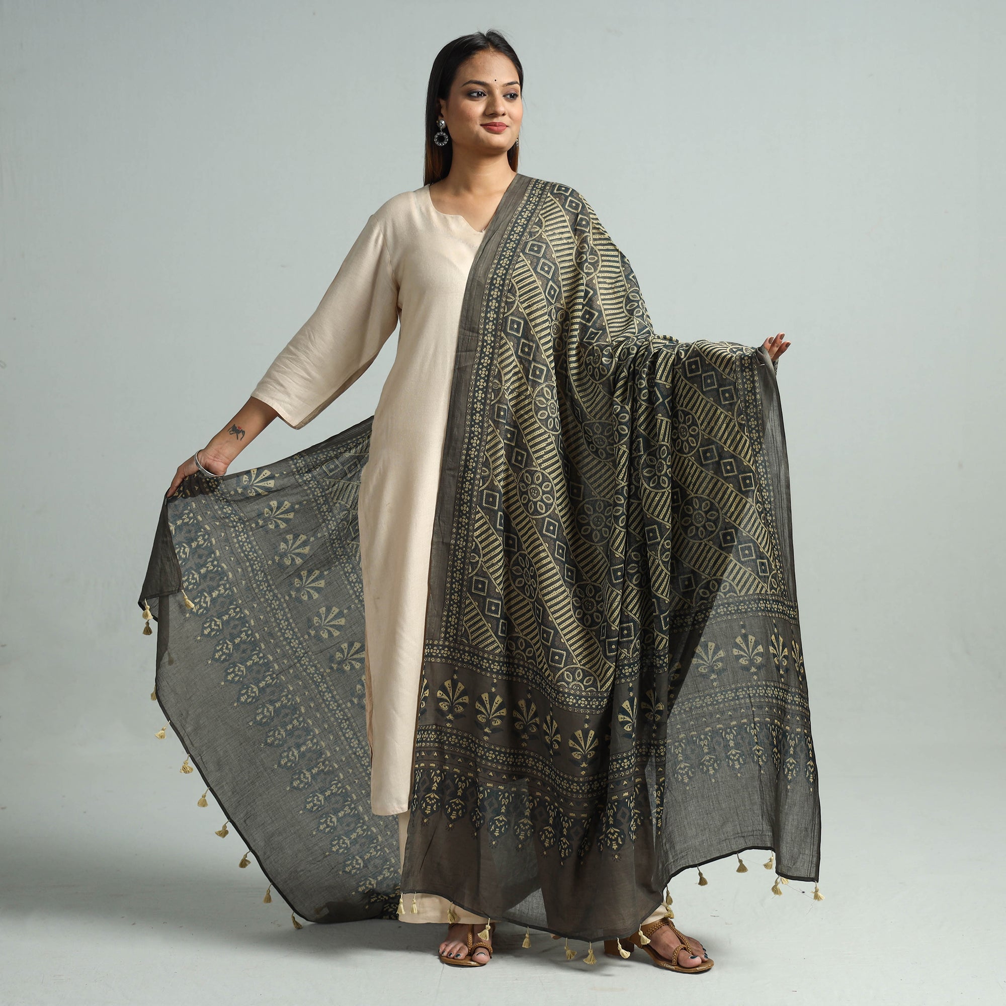 AJRAKH BY SUFIYAN ISMAIL KHATRI Brown - Hand Block Printed Cotton Ajrakh Dupatta 48