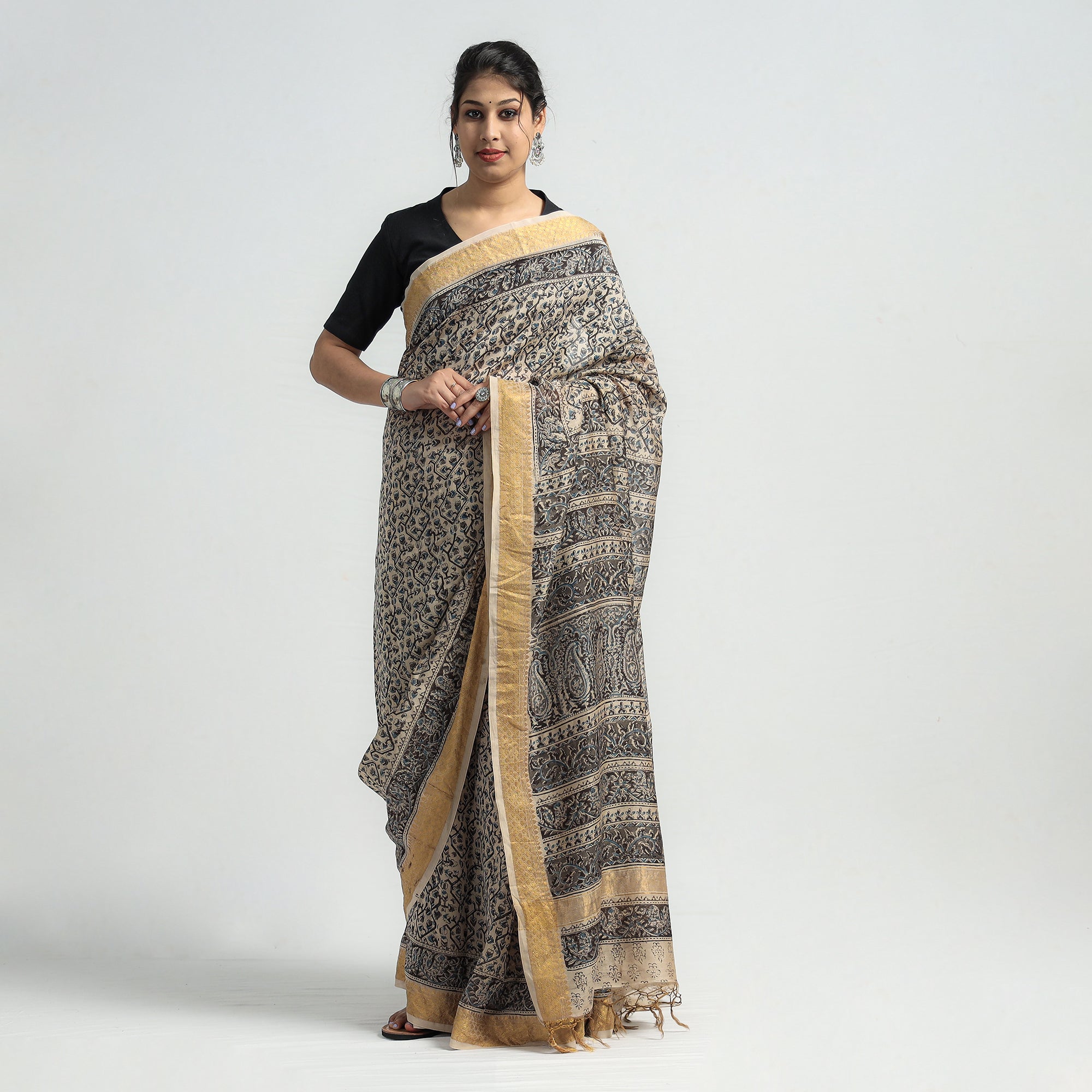 VENKATA BHANU KALAMKARI PEDANA Black - Original Pedana Kalamkari Block Print Silk Saree