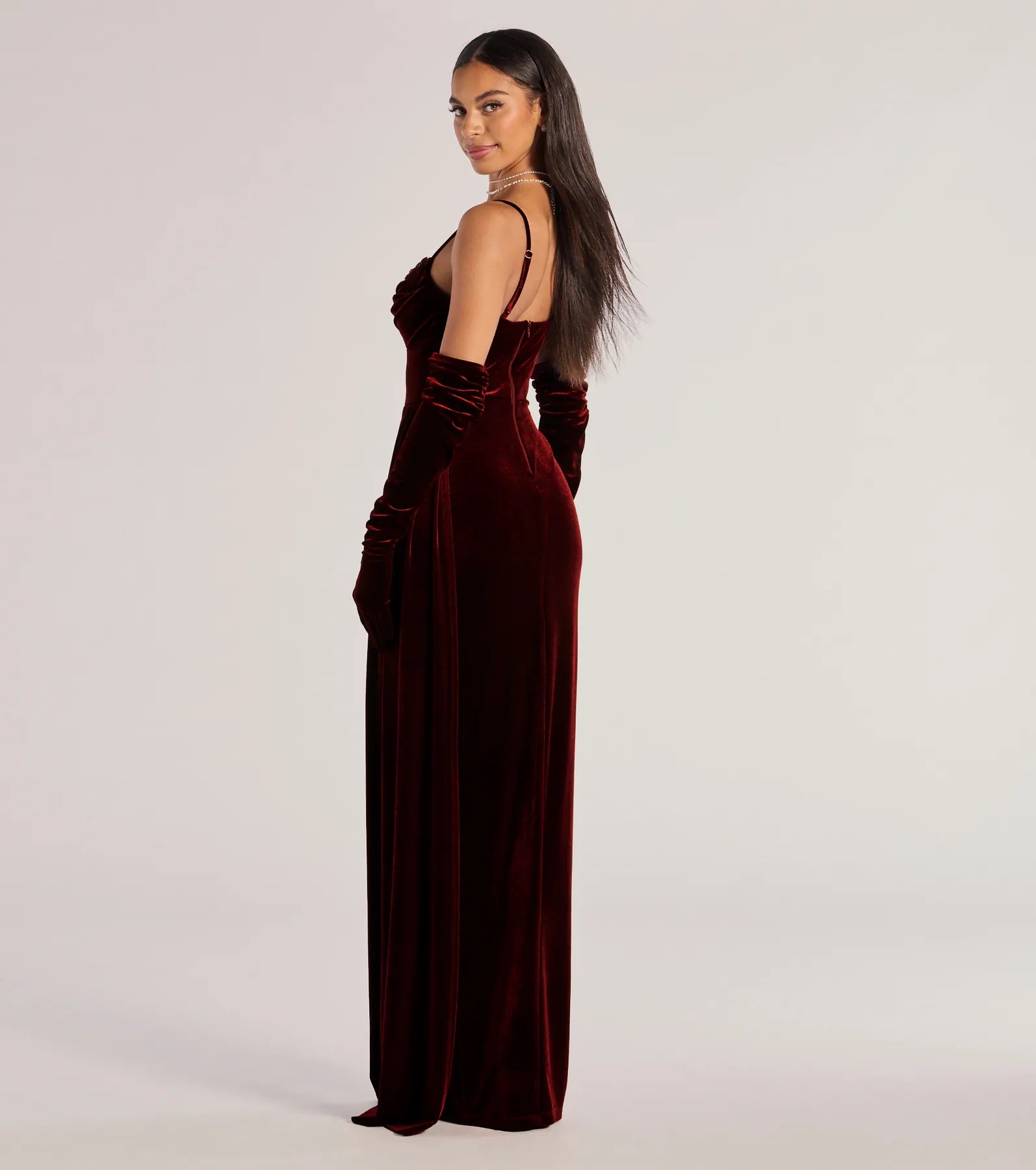 Windsor Inez Beaded Applique Velvet Formal Dress With Gloves - view 2