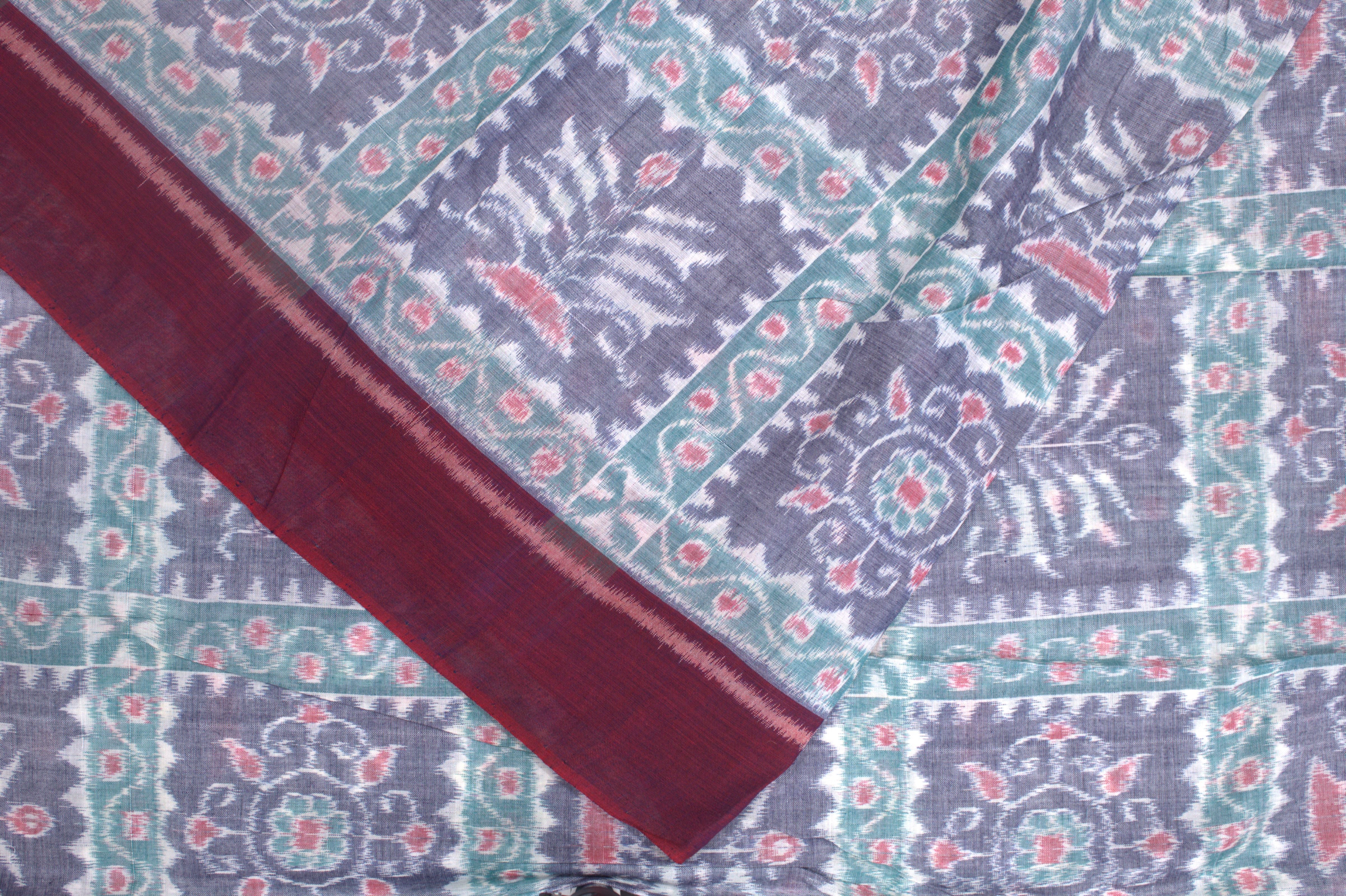 IndianVillèz Green Blue Tree Design Sambalpuri Ikat Cotton Fabric - view 2