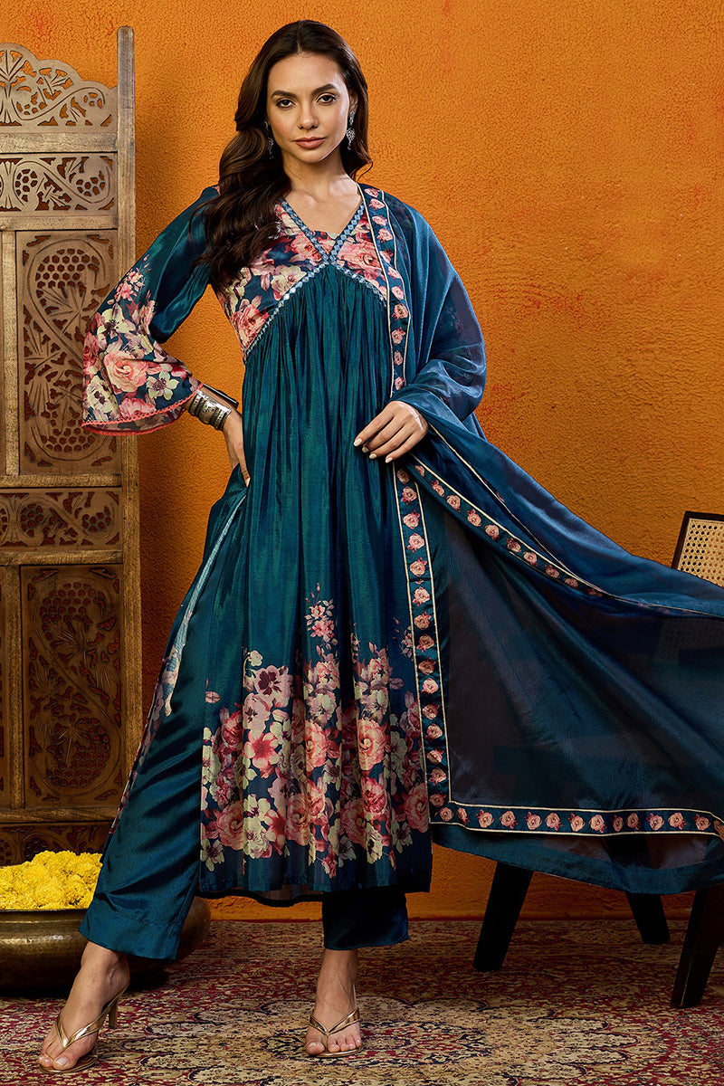 Ahika Blue Silk Blend Floral Printed A-Line Suit Set PKSKD2382