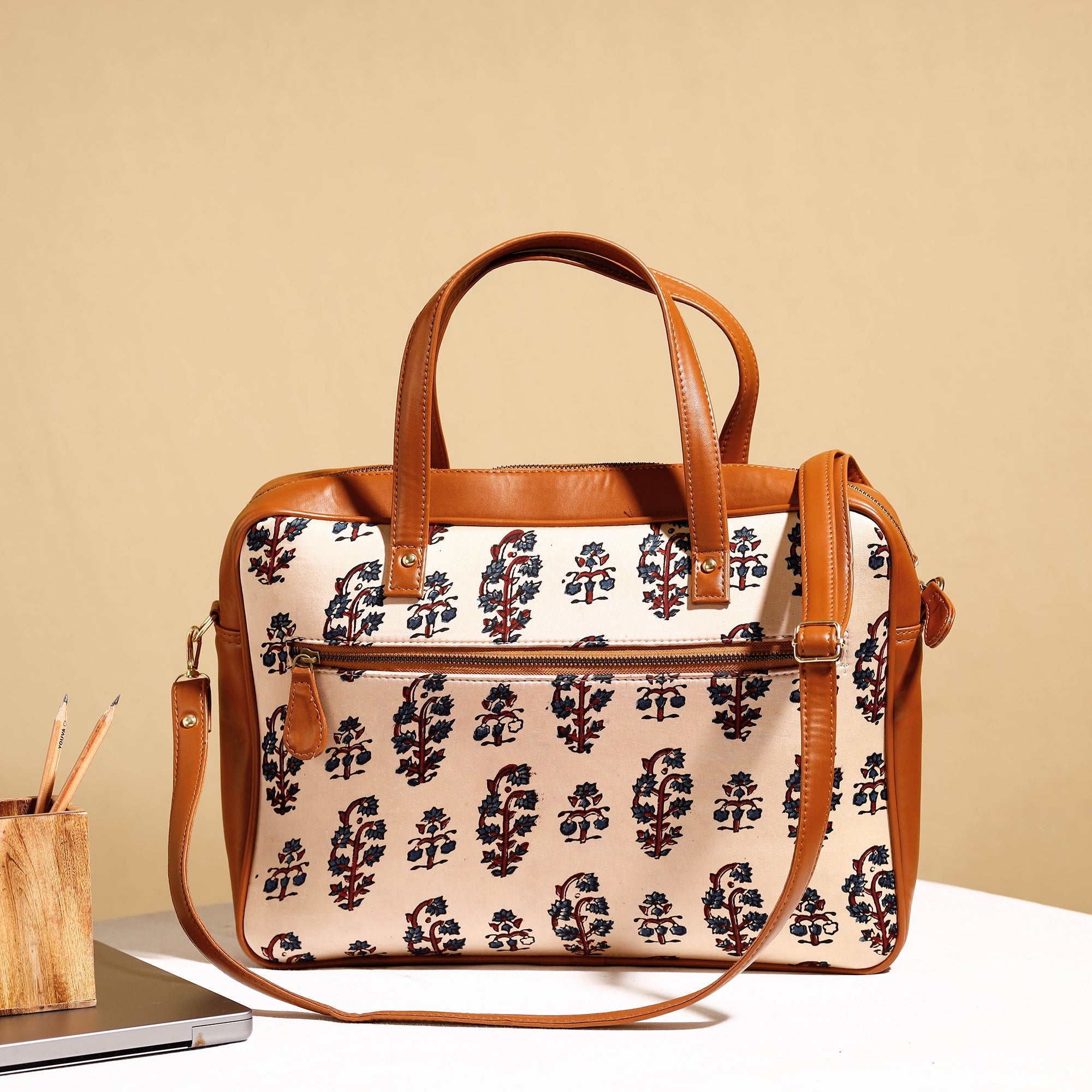 ITOKRI CRAFTS INITIATIVE Beige - Handcrafted Ajrakh Block Printed Modal Silk Laptop Bag (15 x 13 in)