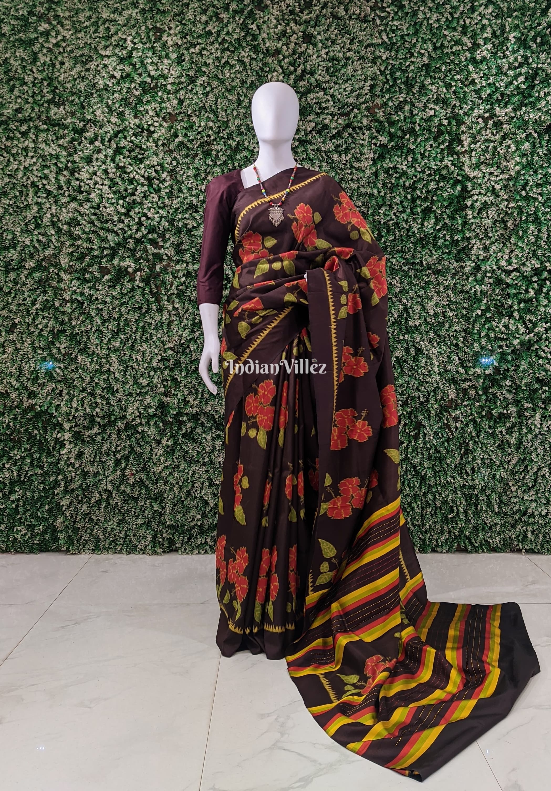 IndianVillèz Chocolate Brown Floral Theme Contemporary Silk Saree