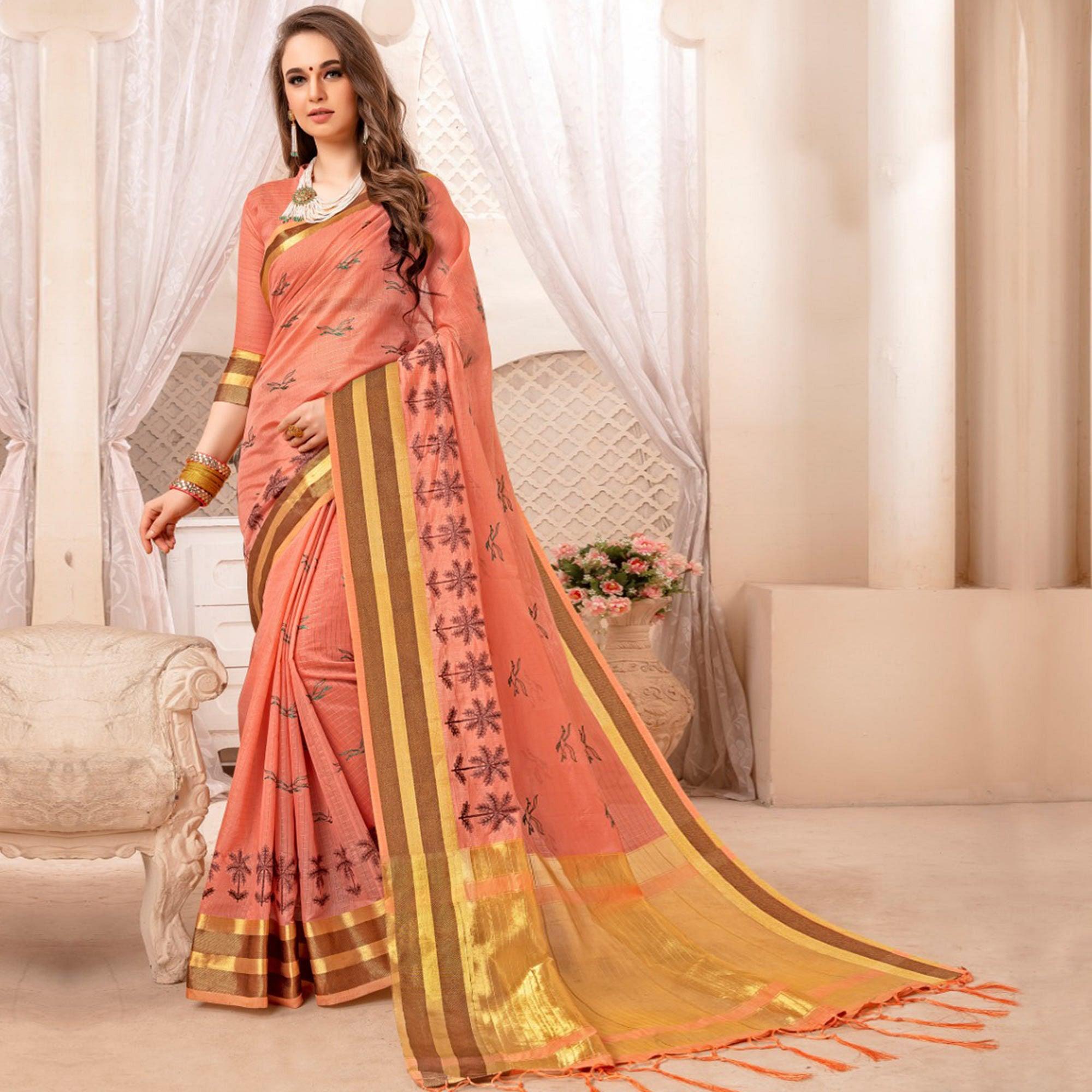 Peachmode Engrossing Peach Colored Festive Printed Art Silk Saree