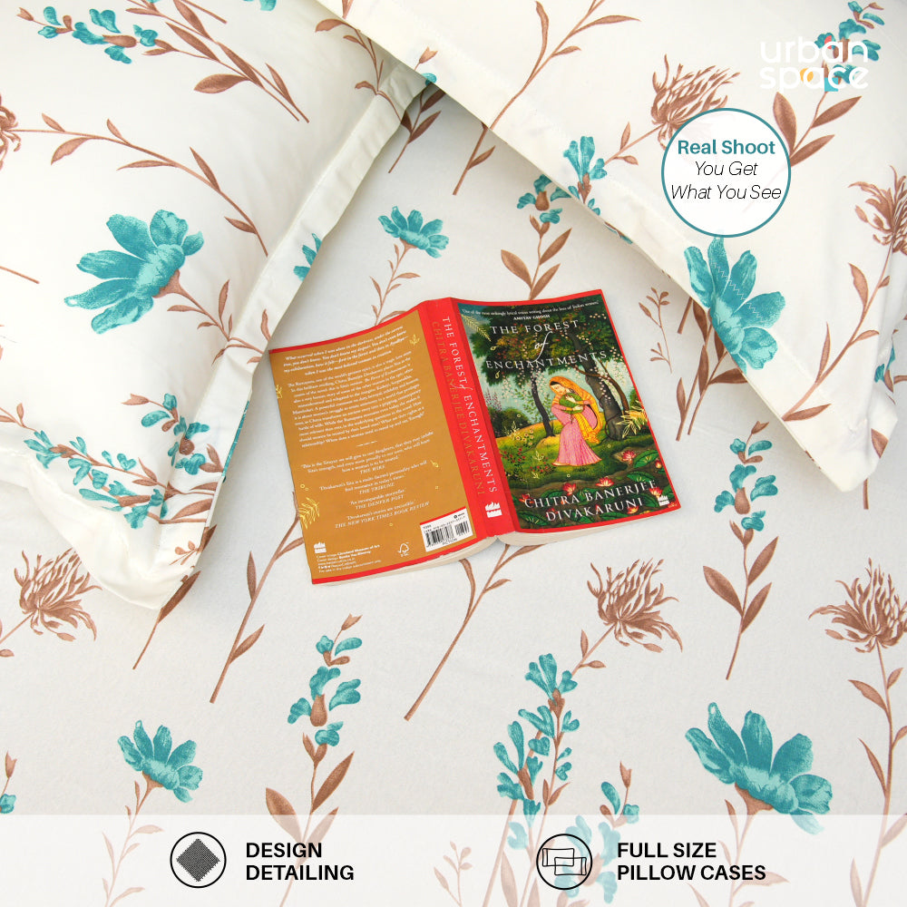 Urban Space -Home Furnishing Store Serene 200 TC 100% Cotton Bedsheet with Pillow Covers - Orchid Blooms - Turquoise - view 3
