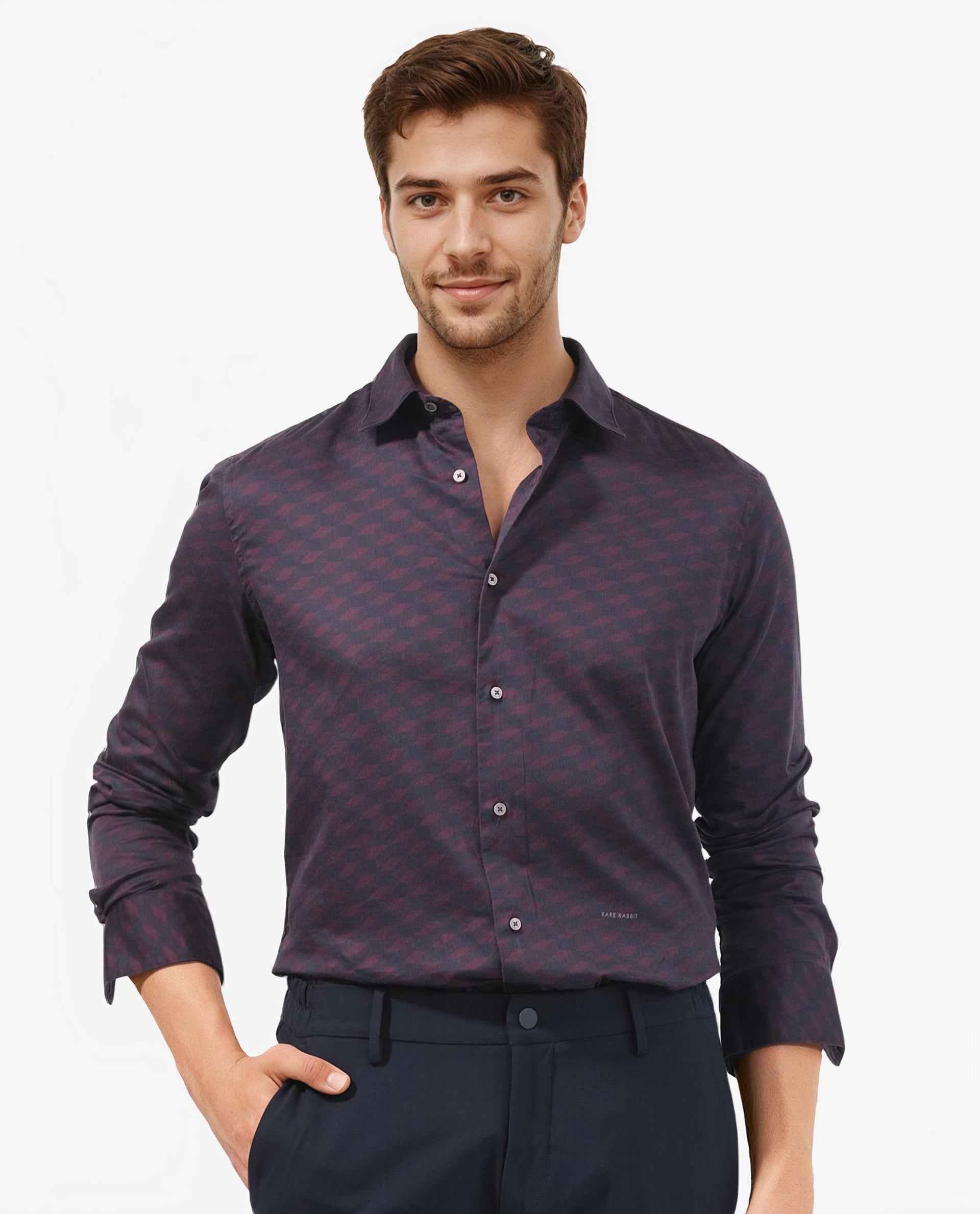 Rare Rabbit Men's Botcheyy Maroon Cotton Fabric Full Sleeves Regular Fit Geometric Print Shirt