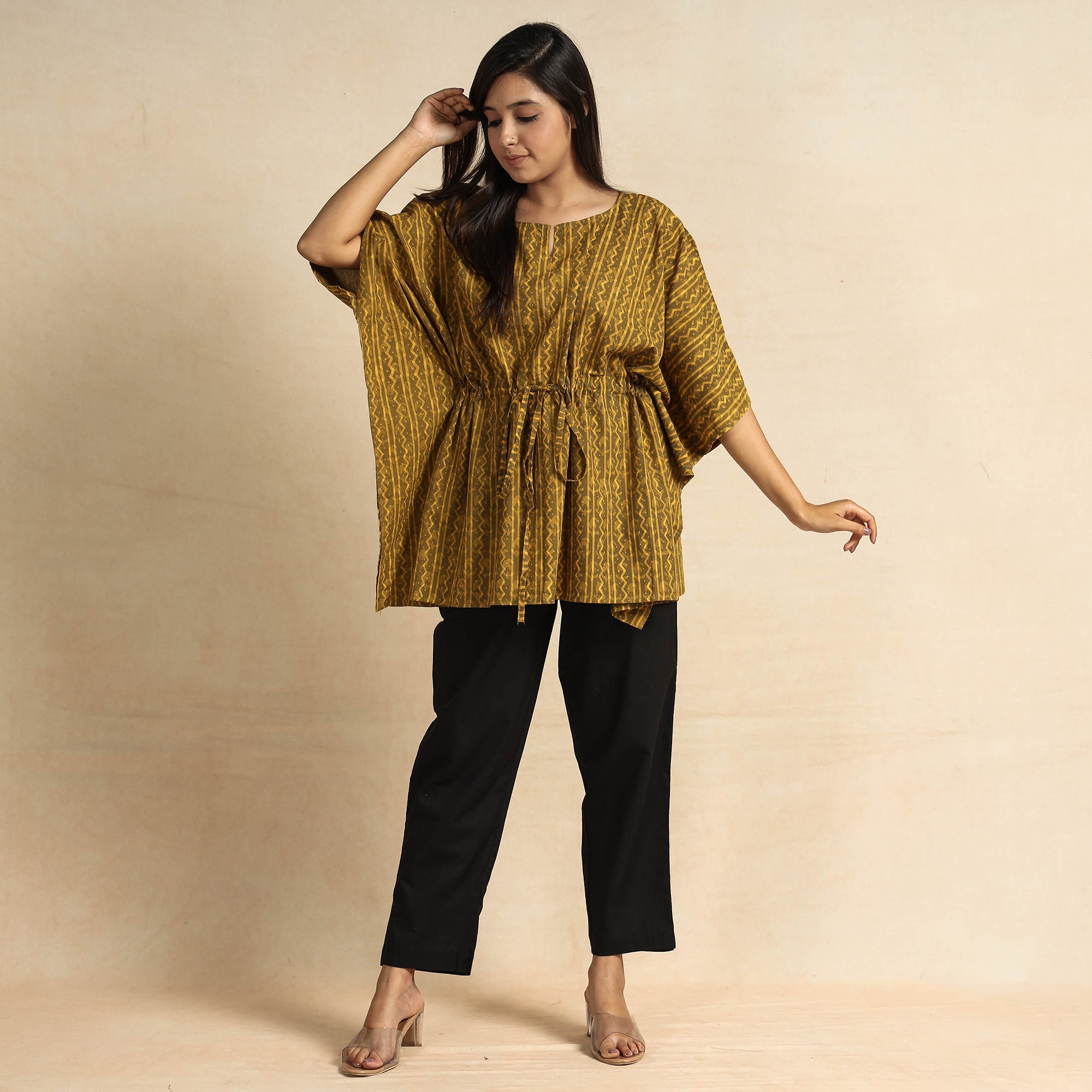CHUTNEY CRAFT STUDIO Brown - Akola Block Printed Cotton Kaftan & Pyjama Night Suit Set