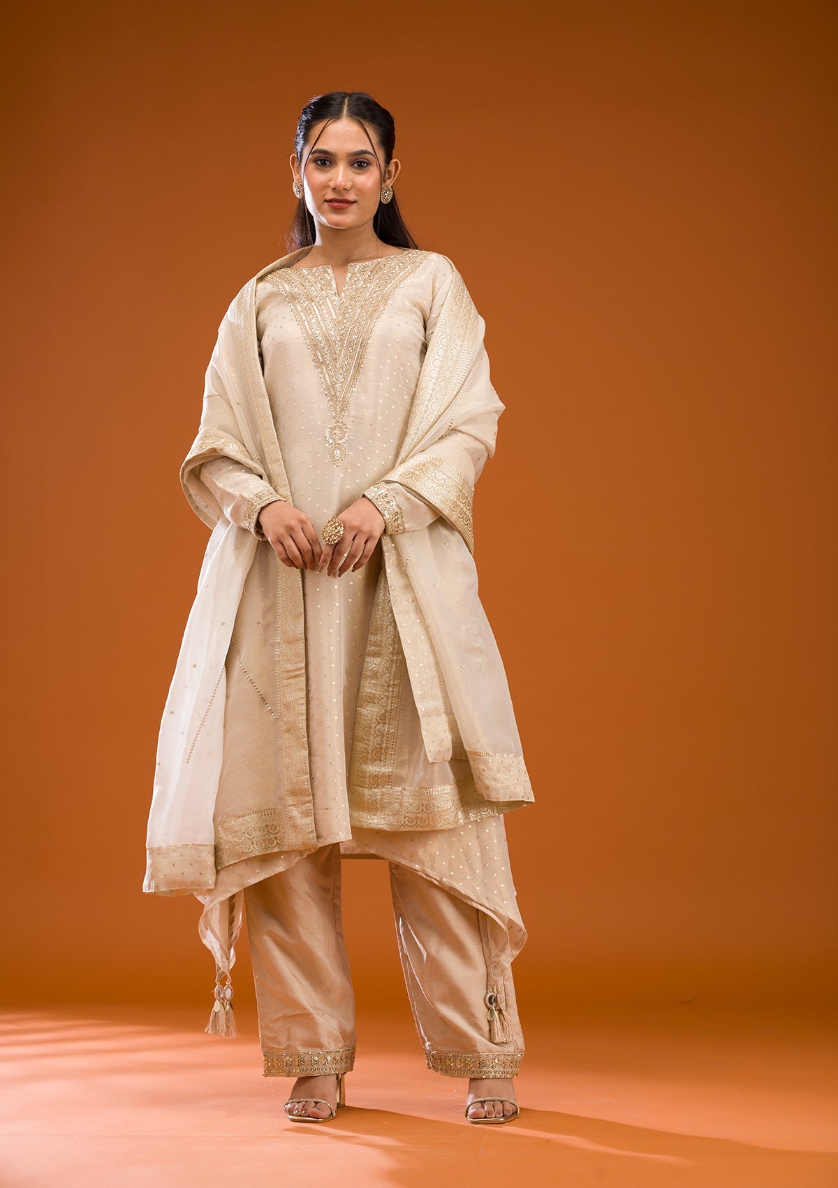 Koskii Beige Zariwork Semi Crepe Readymade Salwar Suit