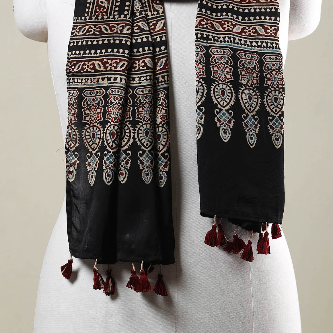 RIYAZ ABDULMAJID KHATRI - AJRAKH Black - Ajrakh Hand Block Printed Modal Silk Stole with Tassels - view 3