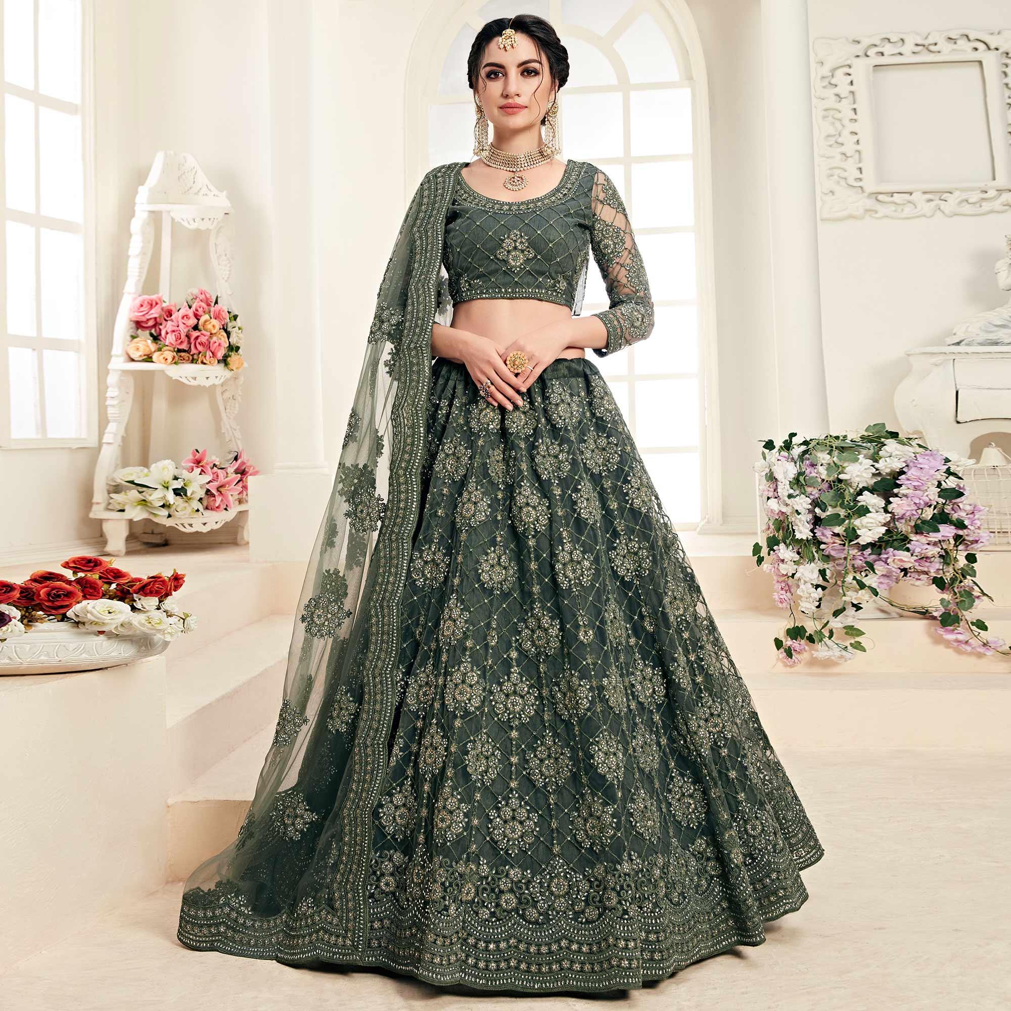 Peachmode Ideal Mehndi Green Colored Cording Embroidery Wedding Wear Net Lehenga Choli