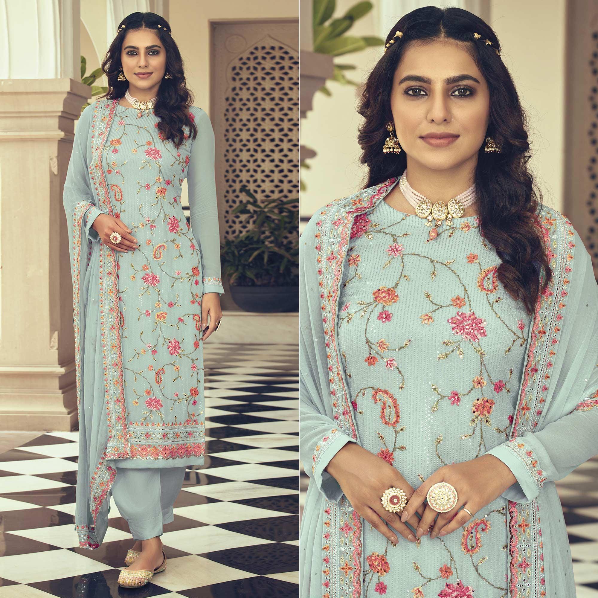 Peachmode Light Blue Embroidered With Embellished Georgette Salwar Suit