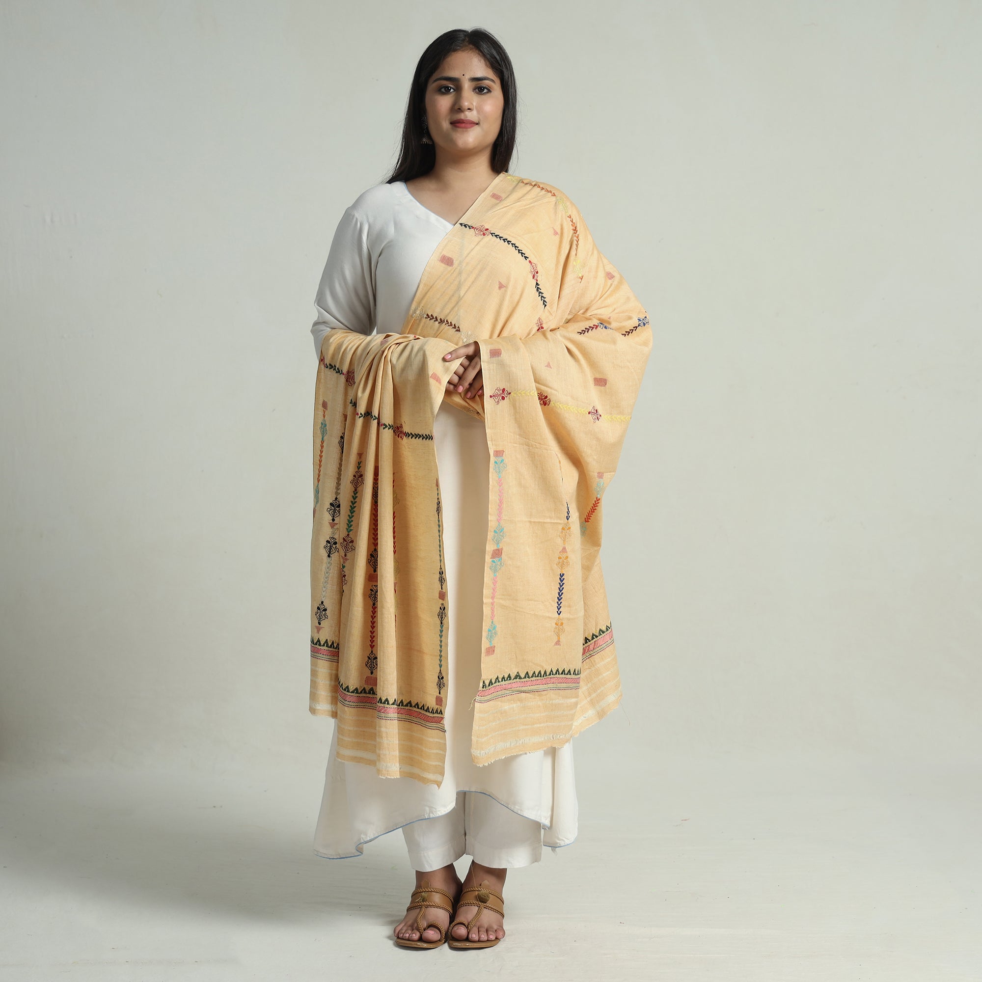 KHUSHBASH - HAPPY LOOM OF EAST Beige - Bengal Kantha Embroidery Silk Cotton Dupatta 06 - view 3