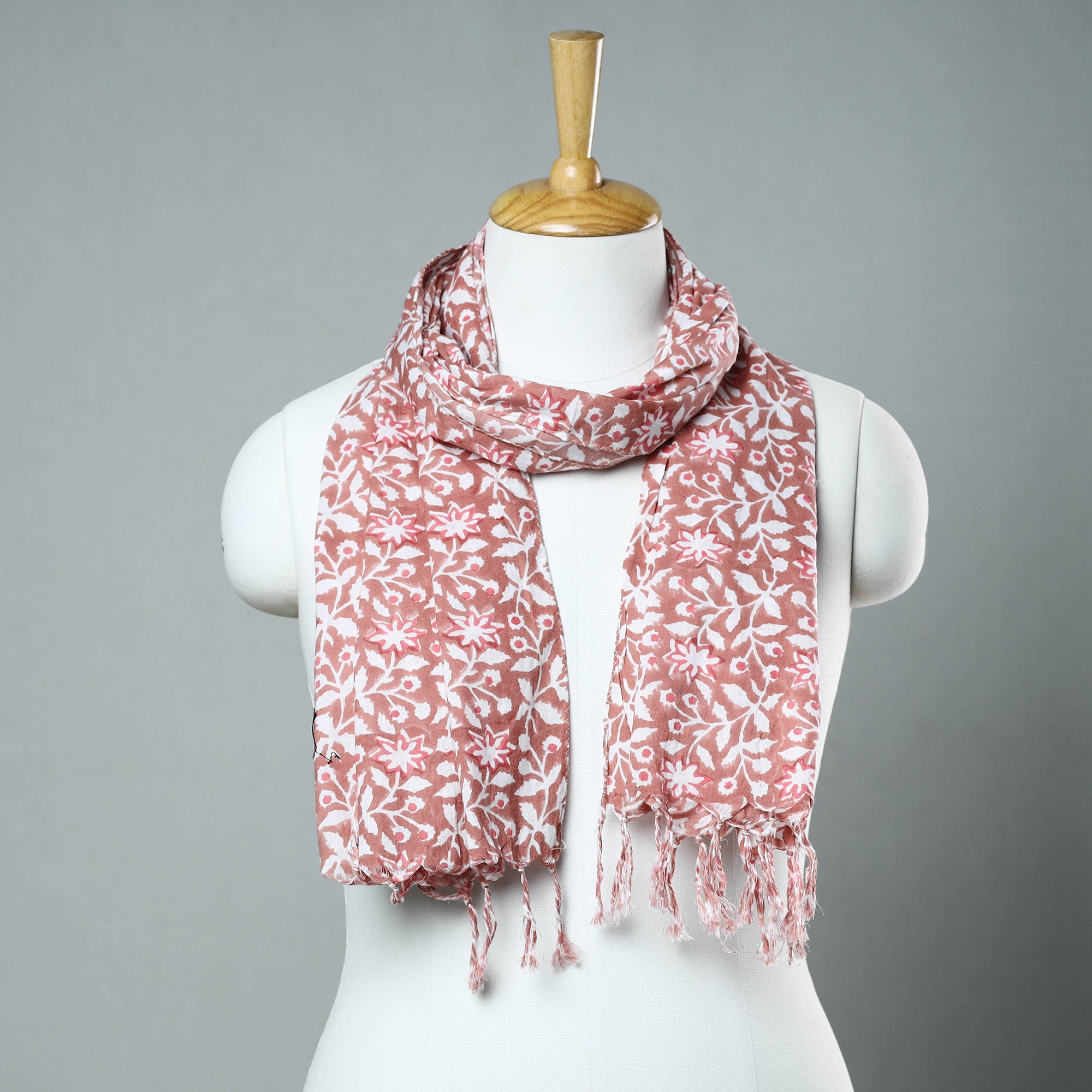 HAVELI CHRONICLES Brown - Sanganeri Block Printed Cotton Stole with Tassels 70