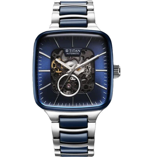 Titan Ceramic Fusion Automatic Square Blue Dial Rose Gold Dual-Toned Stainless Steel Bracelet Watch for Men 39mm 90175KD02